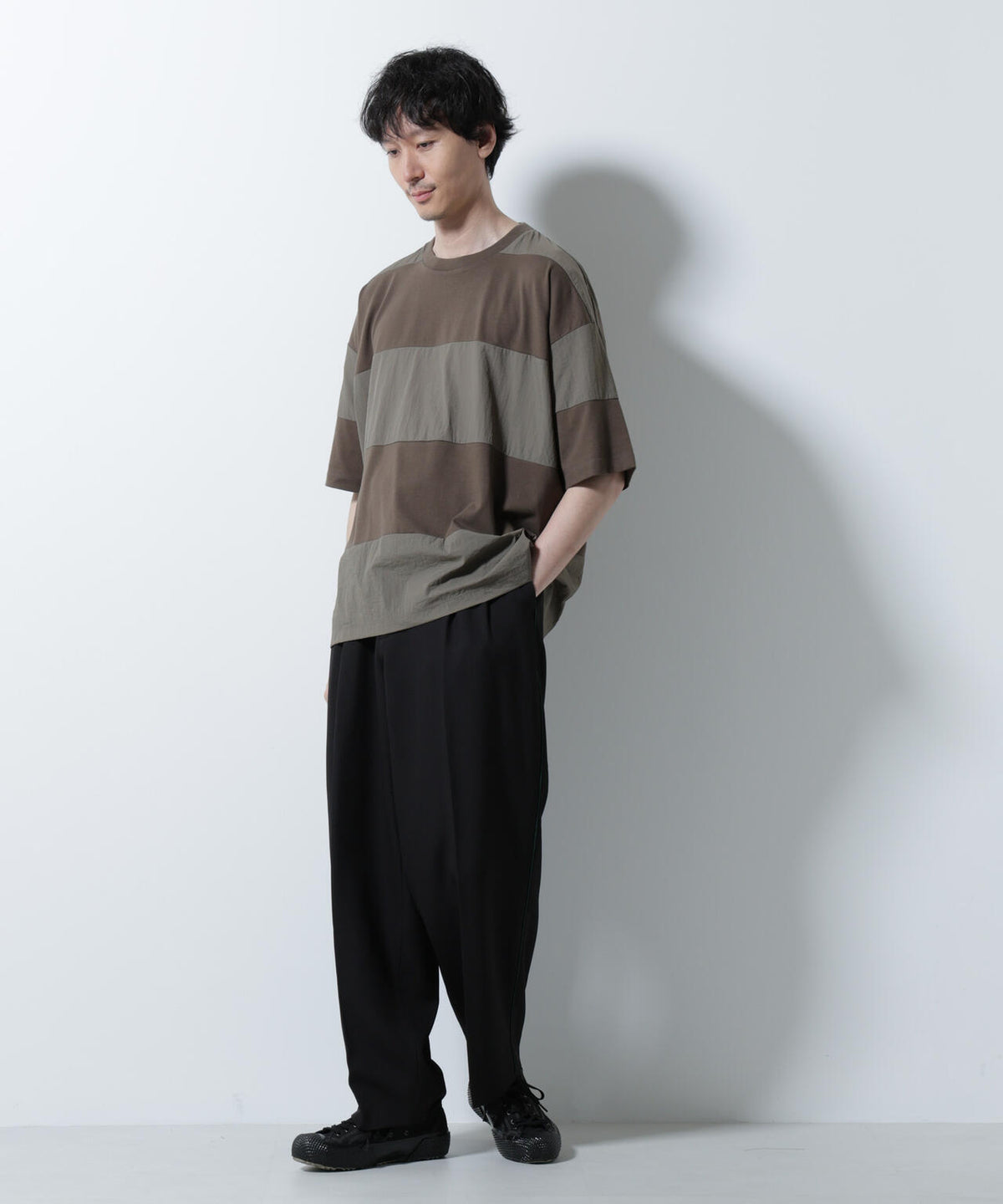リラックス異素材ボーダーTシャツ 半袖 6725124249