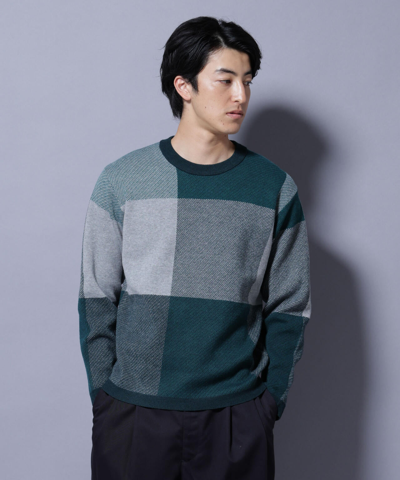 ブロックチェッククルーネックニット 6725222209