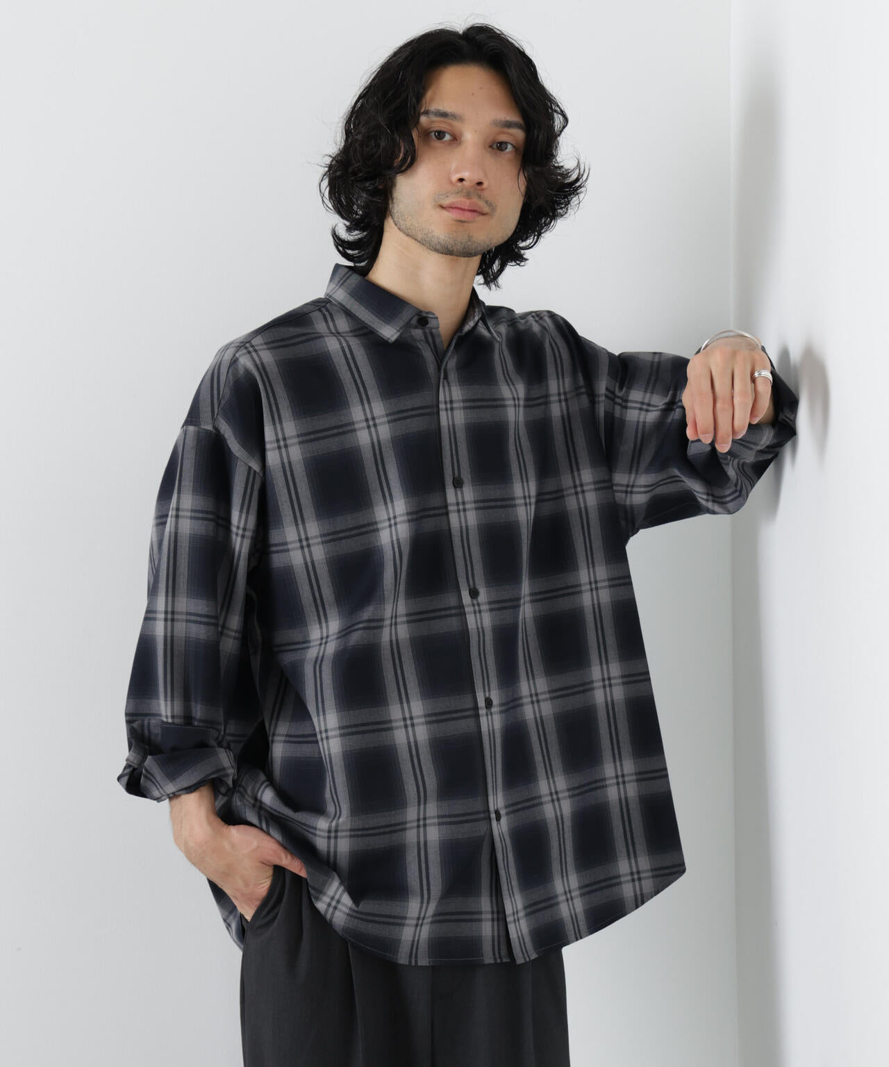 ビッグドレープチェックシャツ 長袖 6726120202