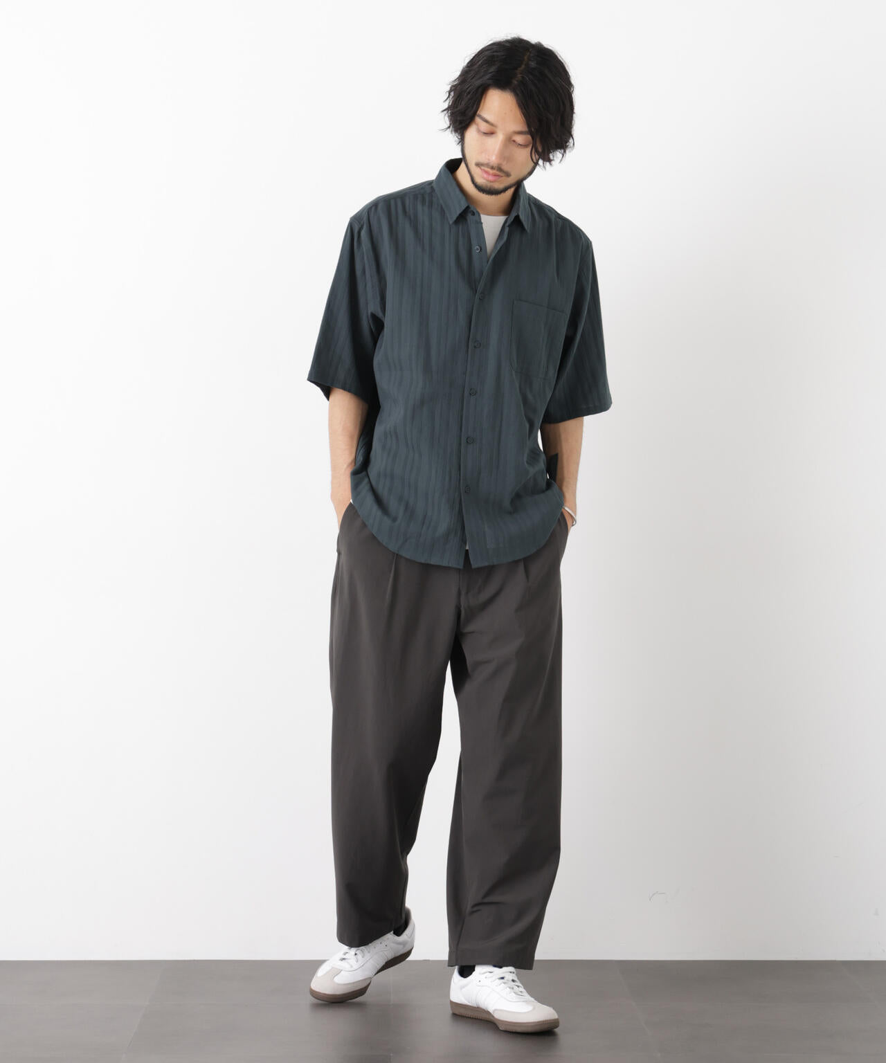 ローンストライプレギュラーカラーシャツ 半袖 6726121223