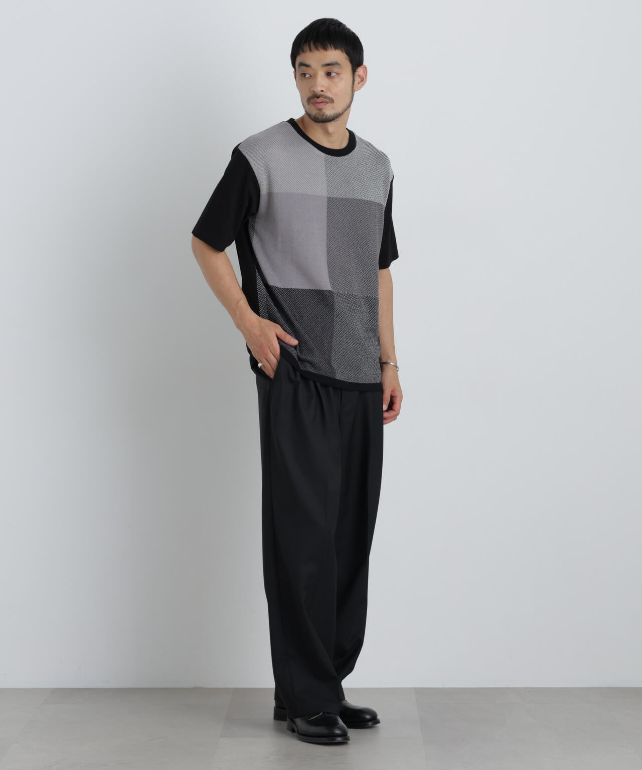 切替チェックニットTシャツ 半袖 6726122222