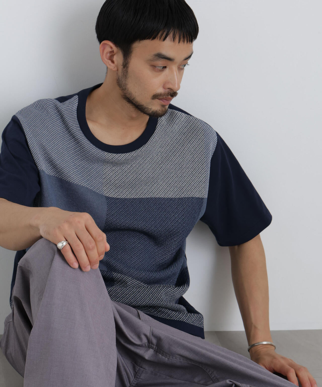 切替チェックニットTシャツ 半袖 6726122222