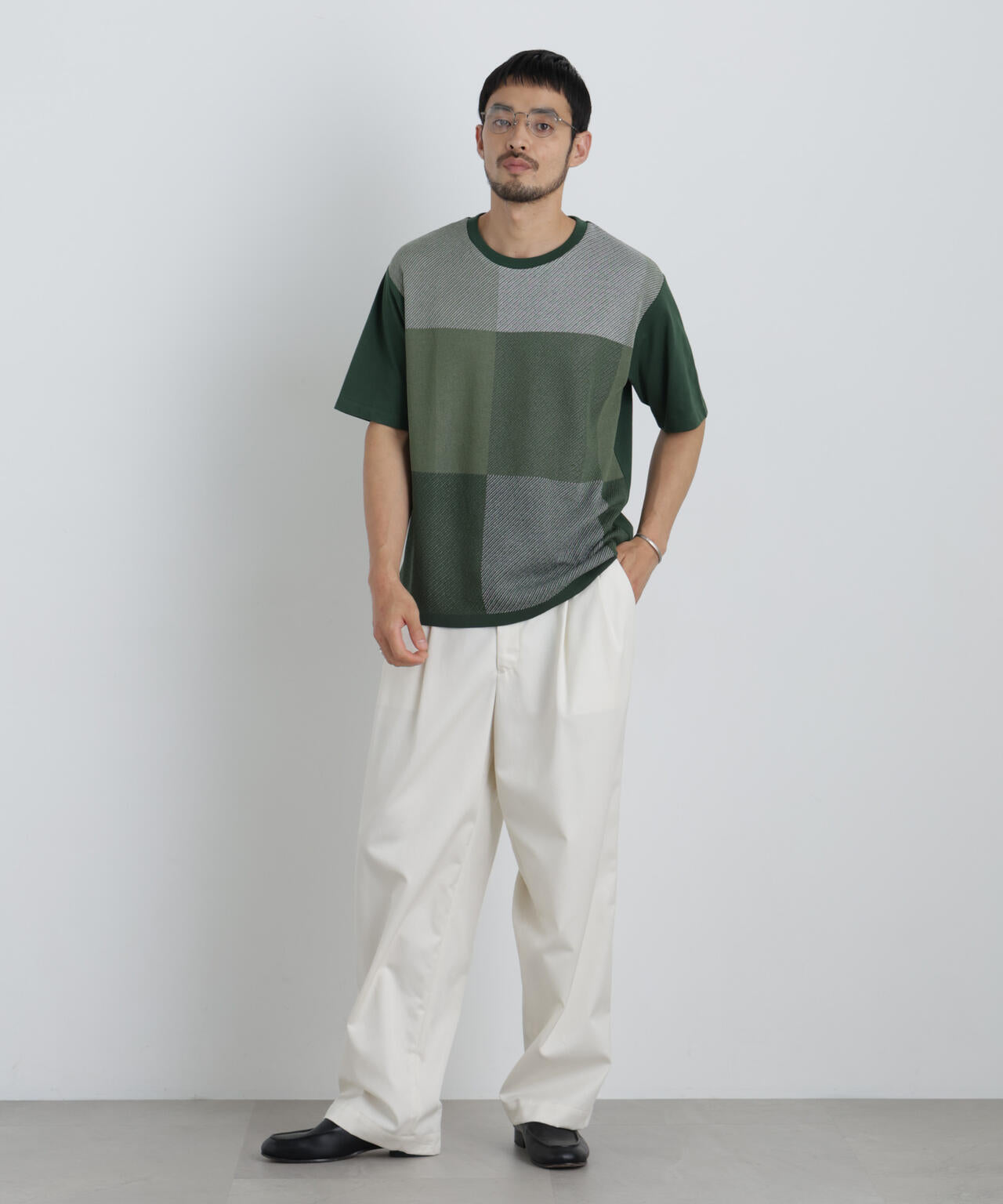 切替チェックニットTシャツ 半袖 6726122222
