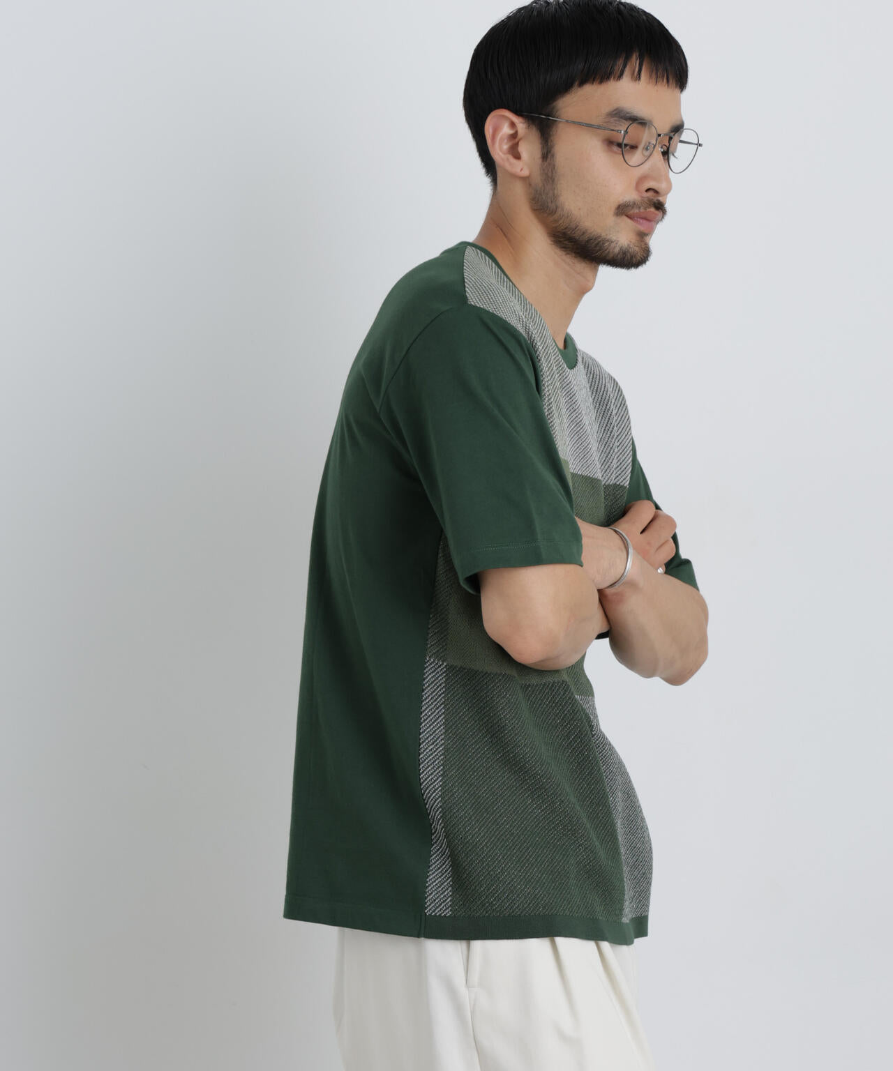 切替チェックニットTシャツ 半袖 6726122222