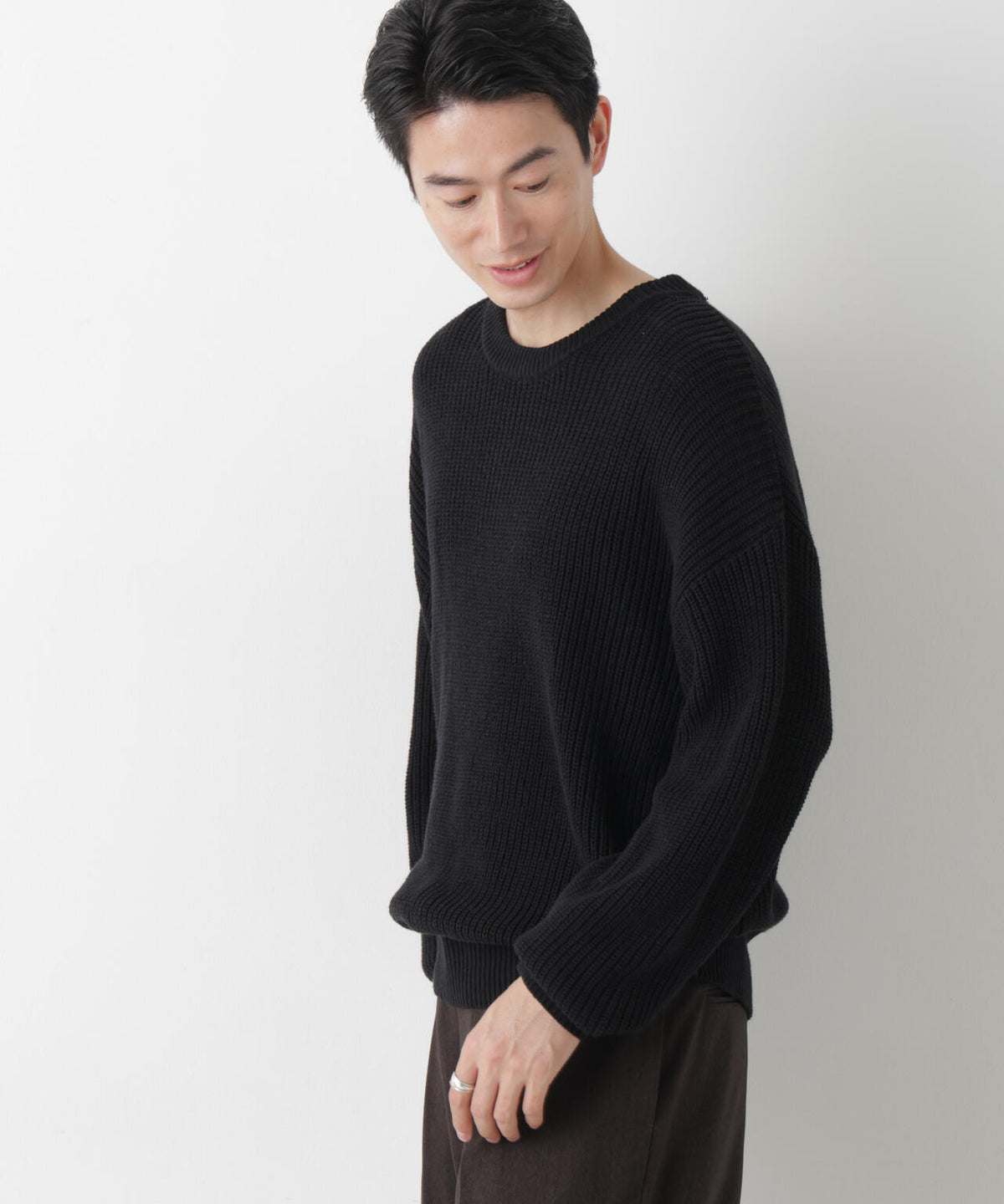WEB限定/ワイドフィット畔編クルーネックニット 6726222227