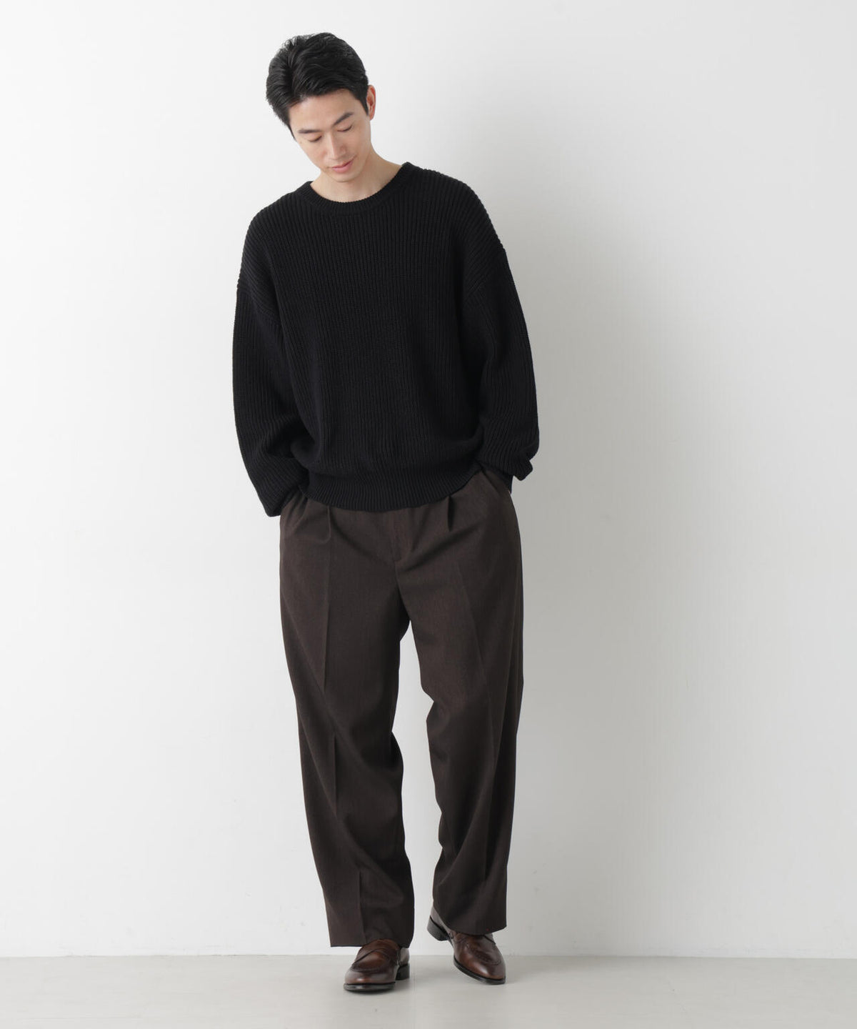 WEB限定/ワイドフィット畔編クルーネックニット 6726222227