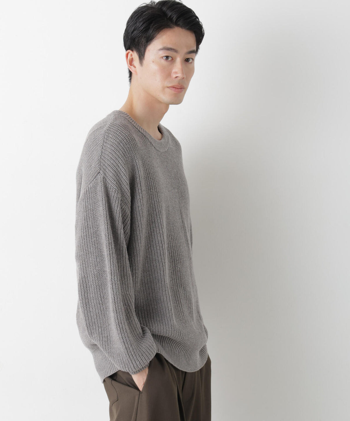 WEB限定/ワイドフィット畔編クルーネックニット 6726222227