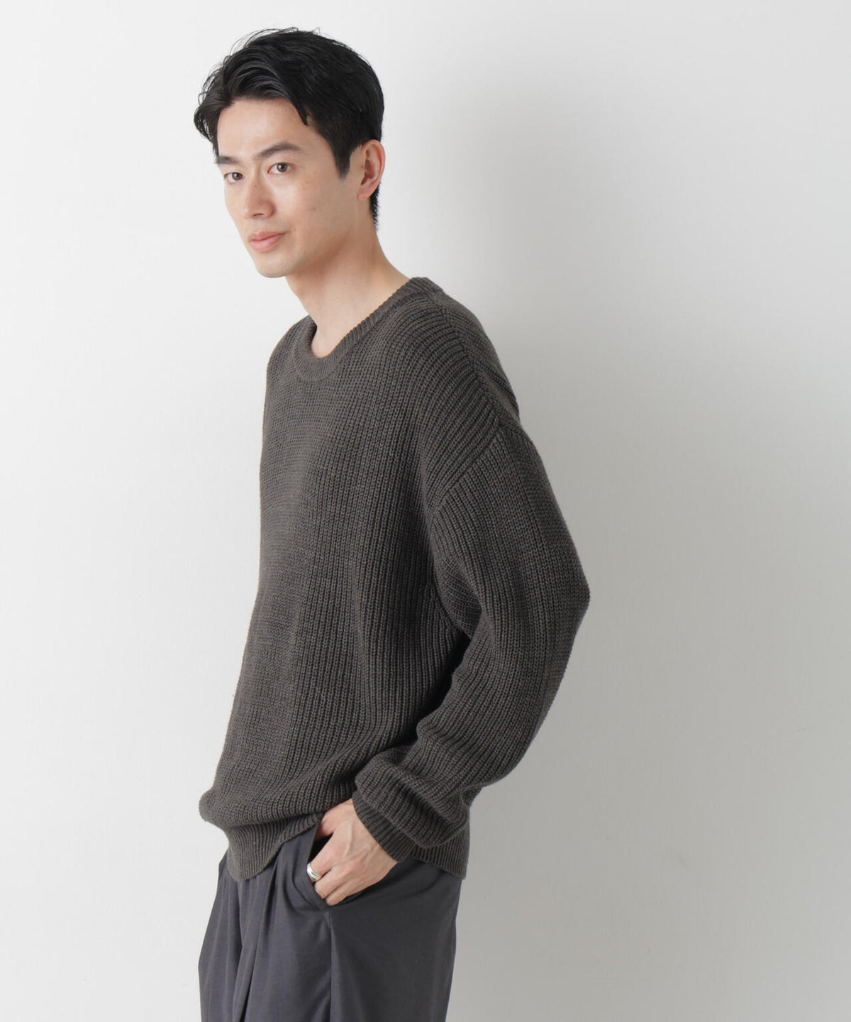WEB限定/ワイドフィット畔編クルーネックニット 6726222227