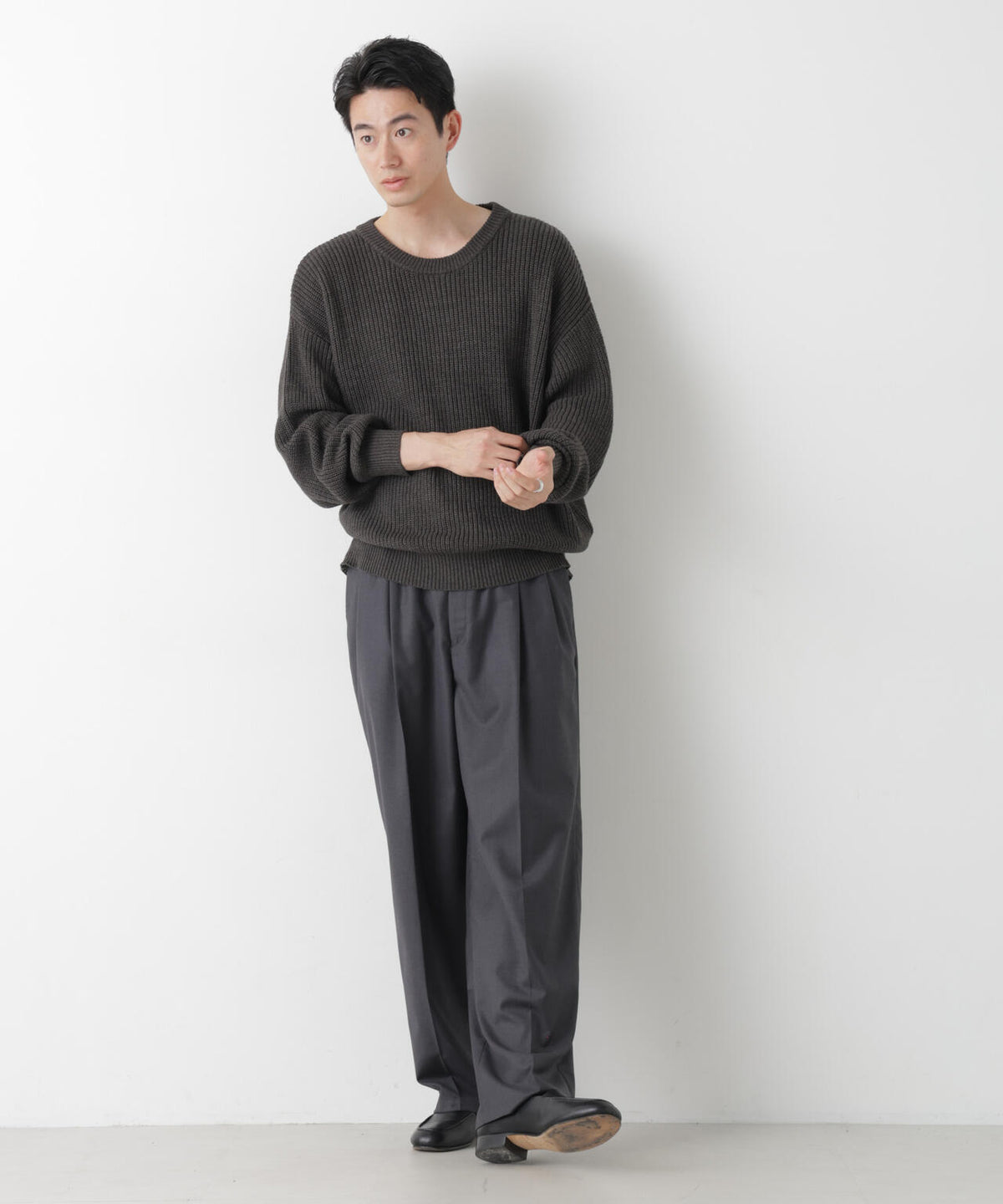 WEB限定/ワイドフィット畔編クルーネックニット 6726222227