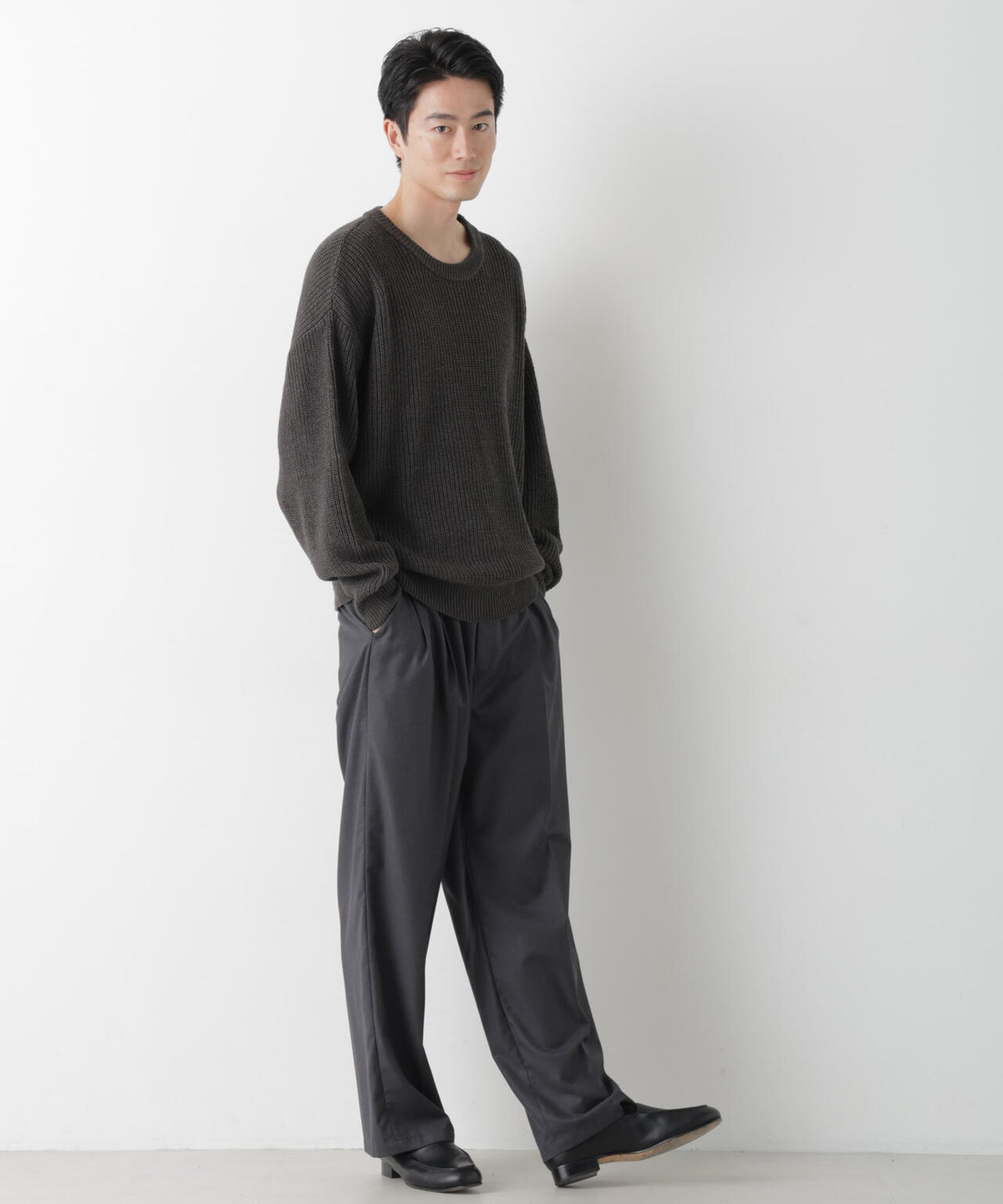 WEB限定/ワイドフィット畔編クルーネックニット 6726222227