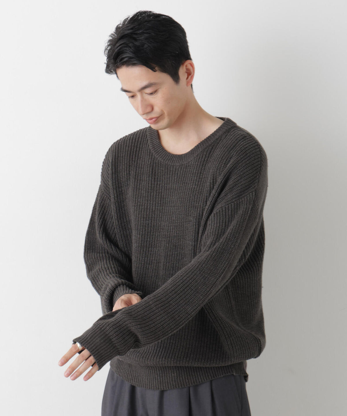 WEB限定/ワイドフィット畔編クルーネックニット 6726222227