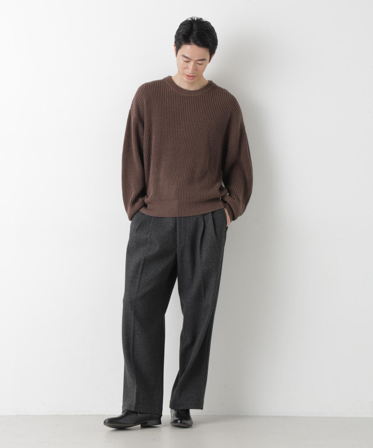 WEB限定/ワイドフィット畔編クルーネックニット 6726222227