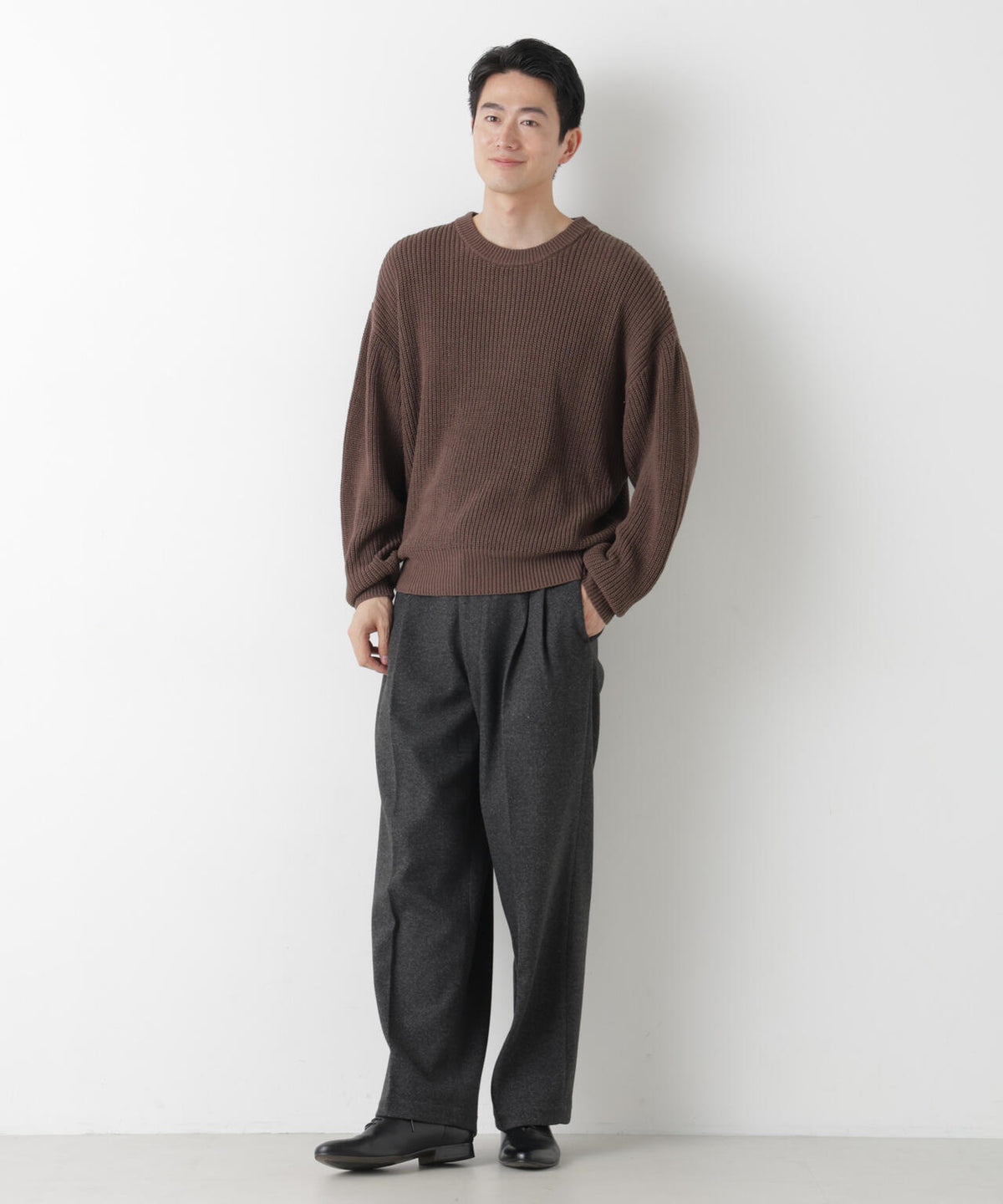 WEB限定/ワイドフィット畔編クルーネックニット 6726222227