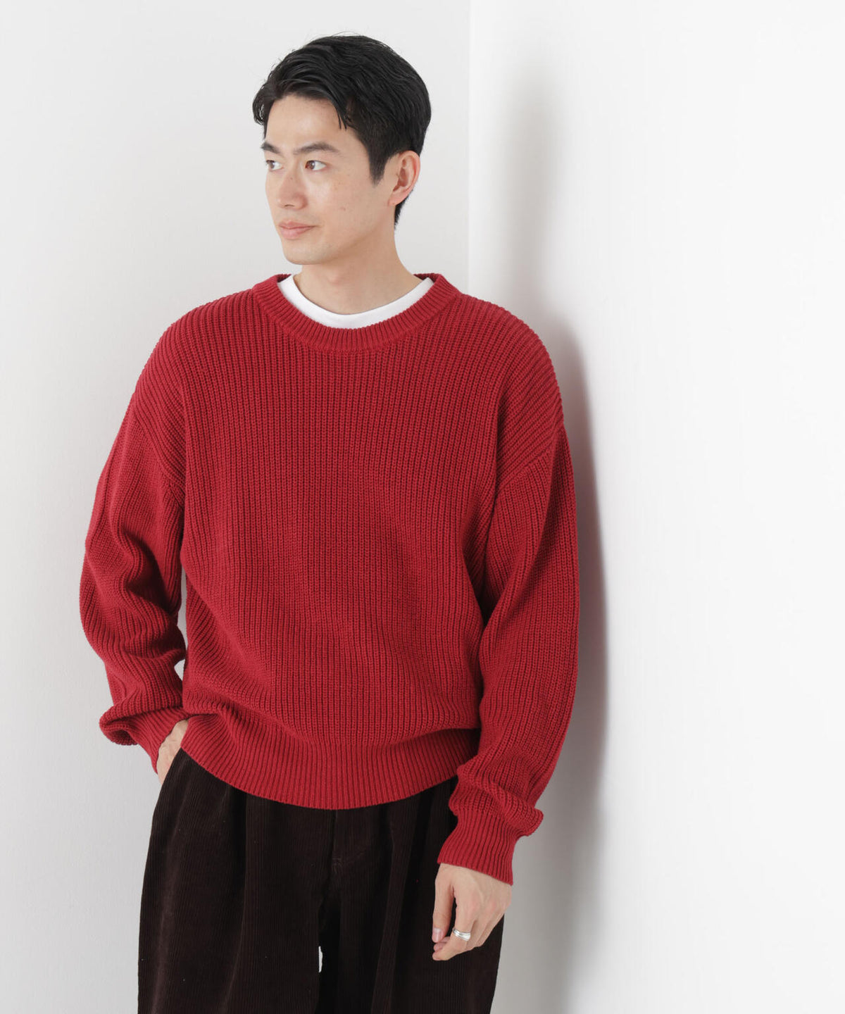WEB限定/ワイドフィット畔編クルーネックニット 6726222227