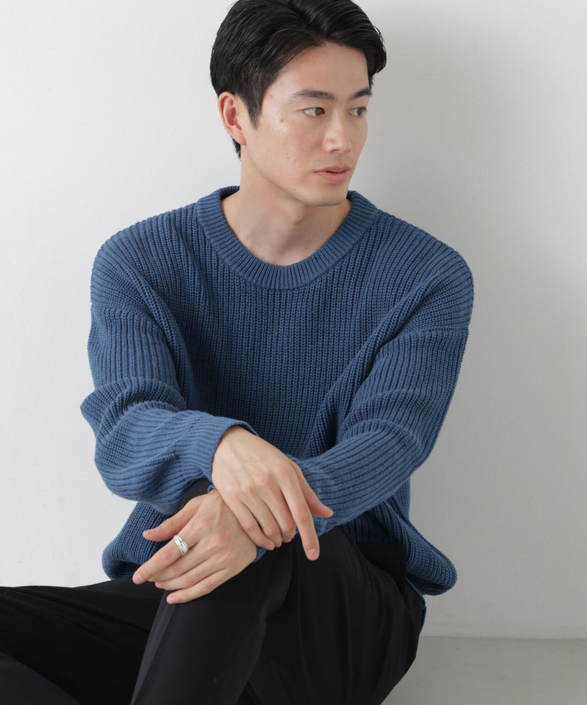 WEB限定/ワイドフィット畔編クルーネックニット 6726222227