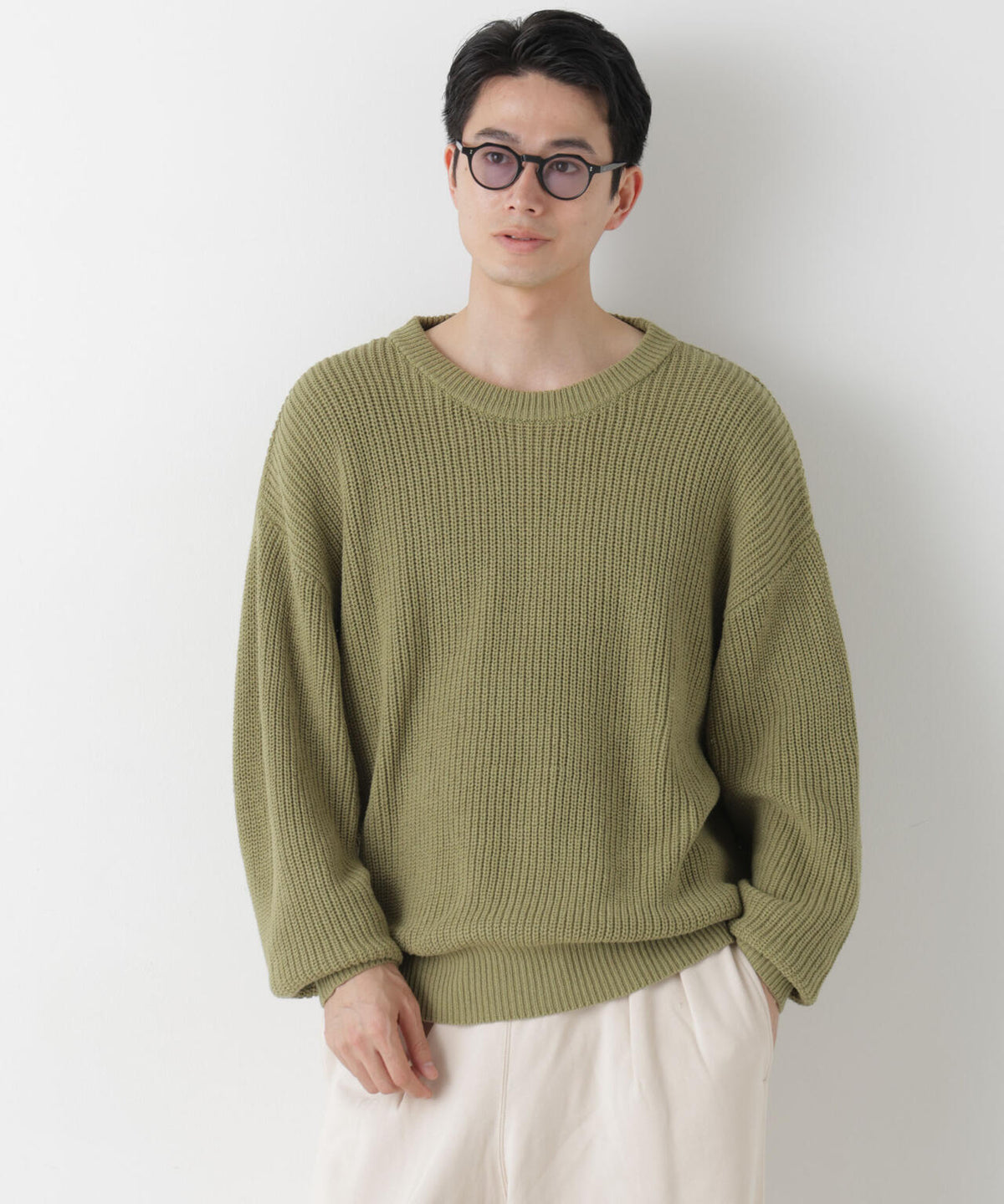 WEB限定/ワイドフィット畔編クルーネックニット 6726222227