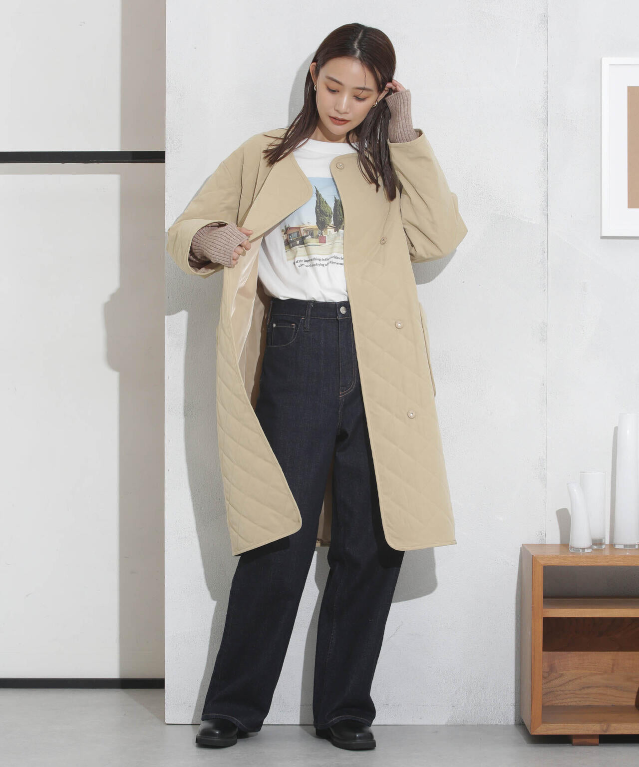 撥水加工・機能中綿 ノーカラーキルティングロングコート 6733211302