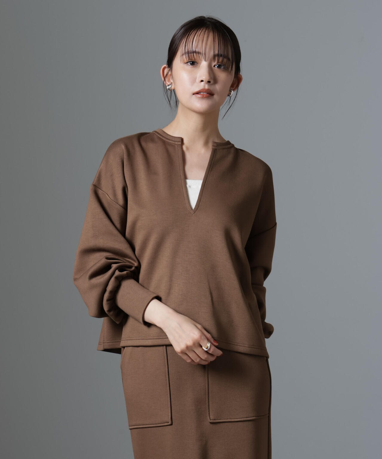 裏起毛ダンボールカットキーネックトップス(セットアップ可) 6734223325