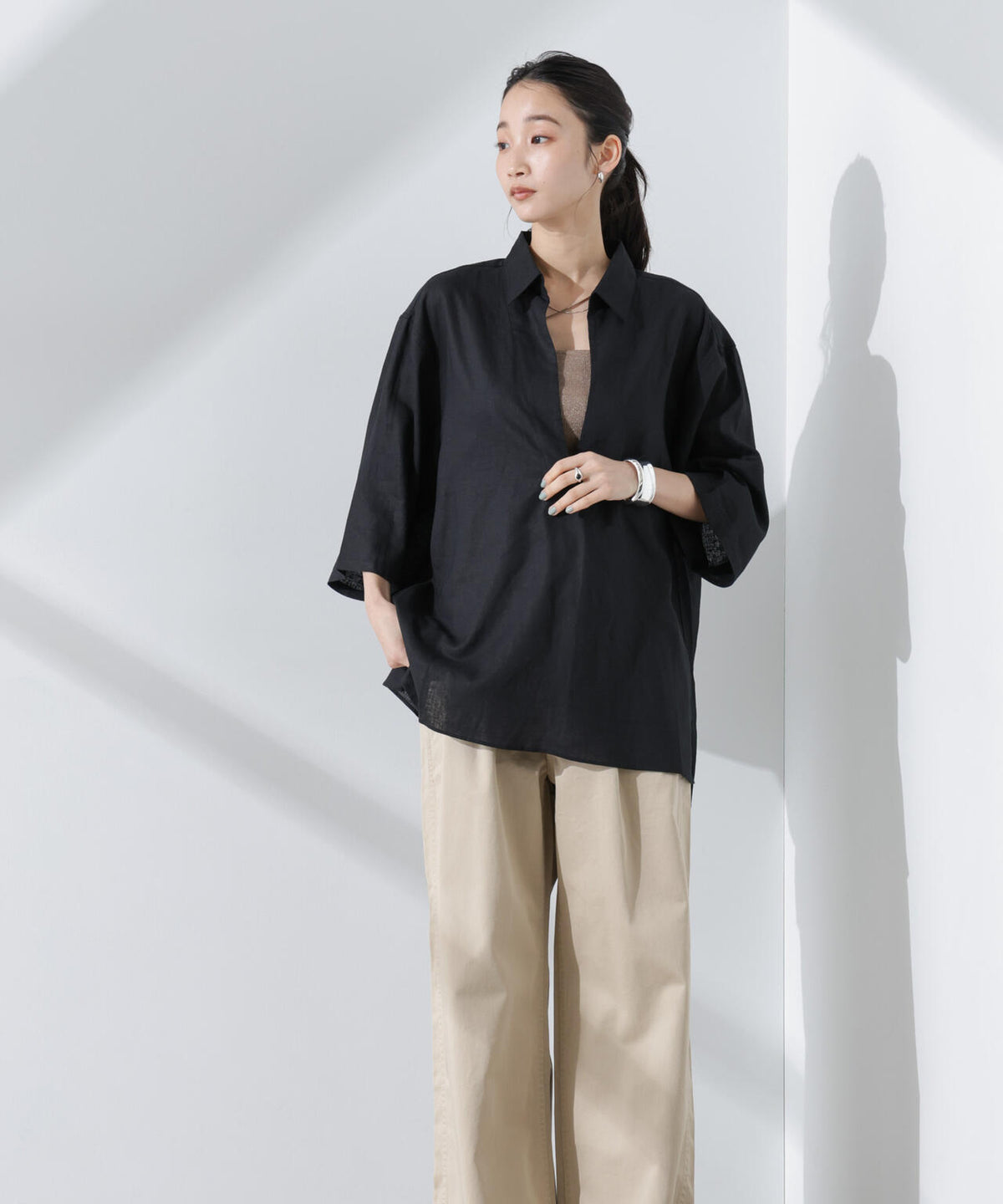Anti Smell Linen プルオーバーVネックシャツ 6735121301