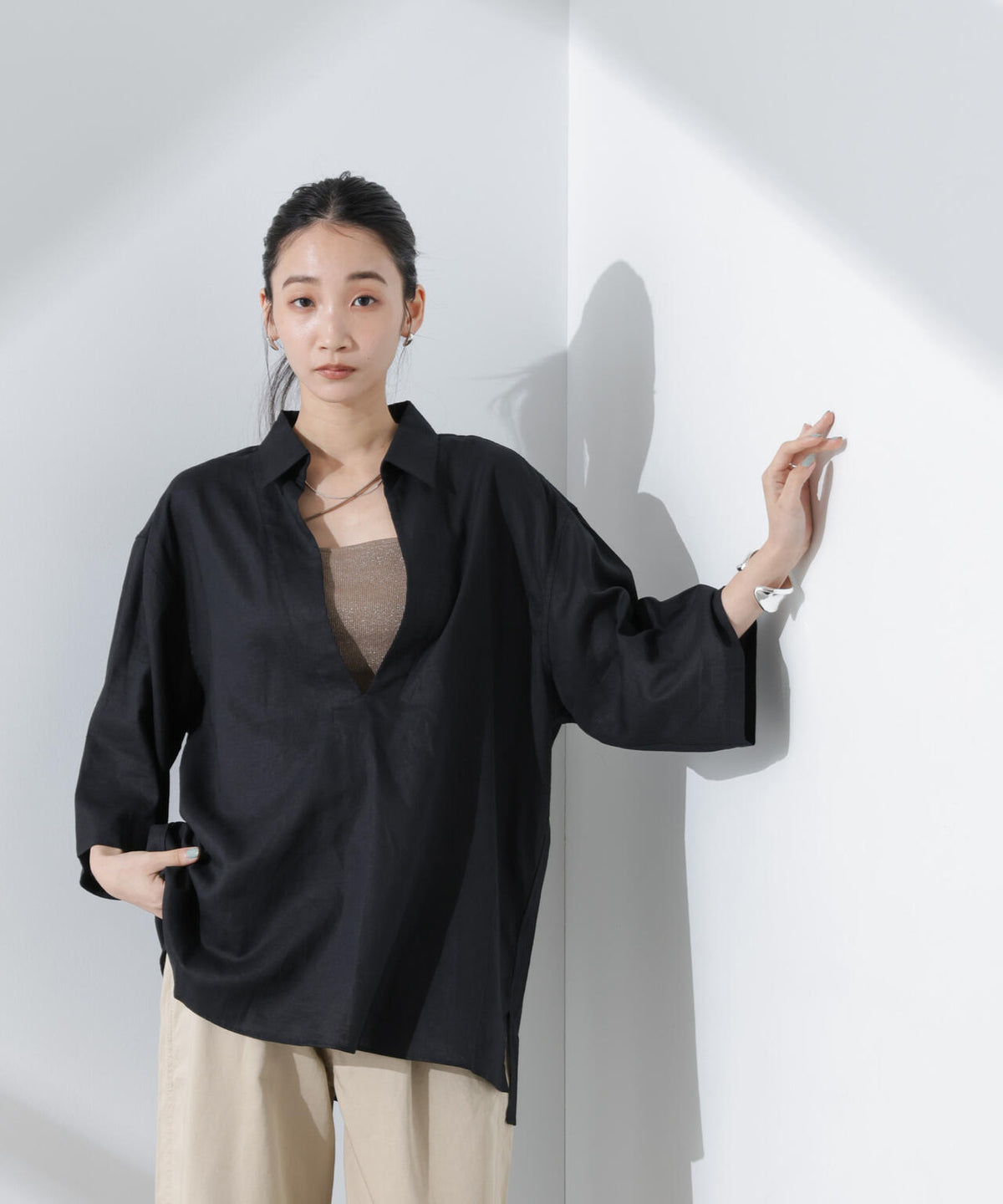 Anti Smell Linen プルオーバーVネックシャツ 6735121301