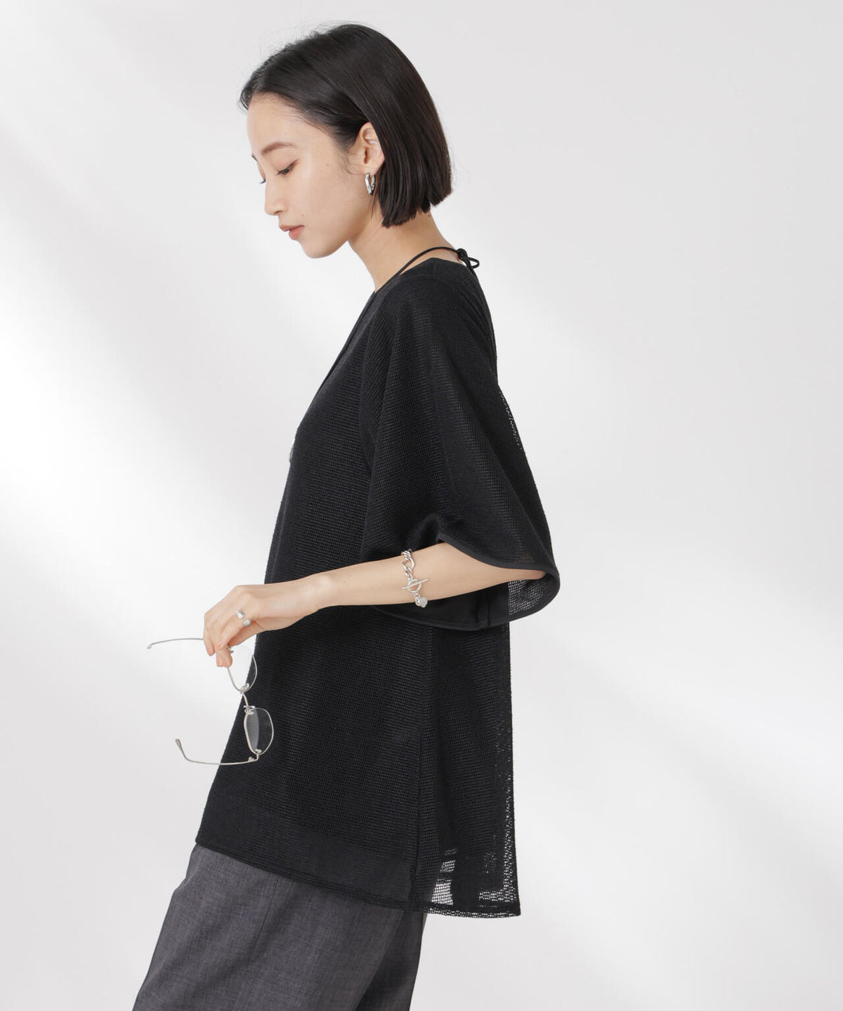 メッシュ×シフォンコンビチュニックトップス 6735124323