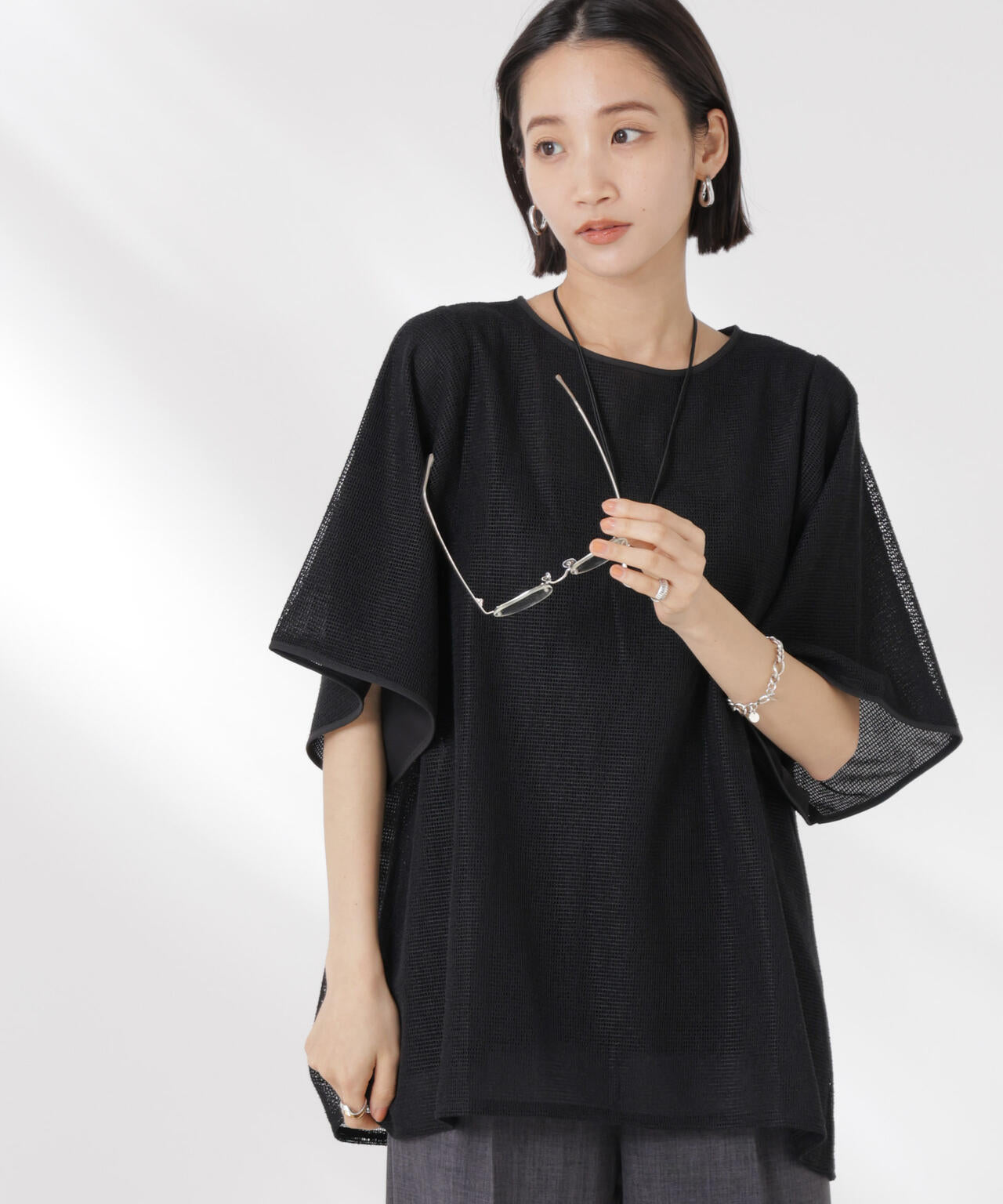 メッシュ×シフォンコンビチュニックトップス 6735124323