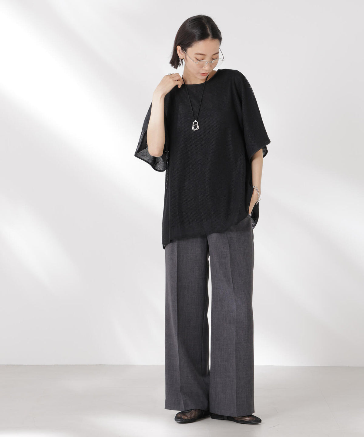 メッシュ×シフォンコンビチュニックトップス 6735124323