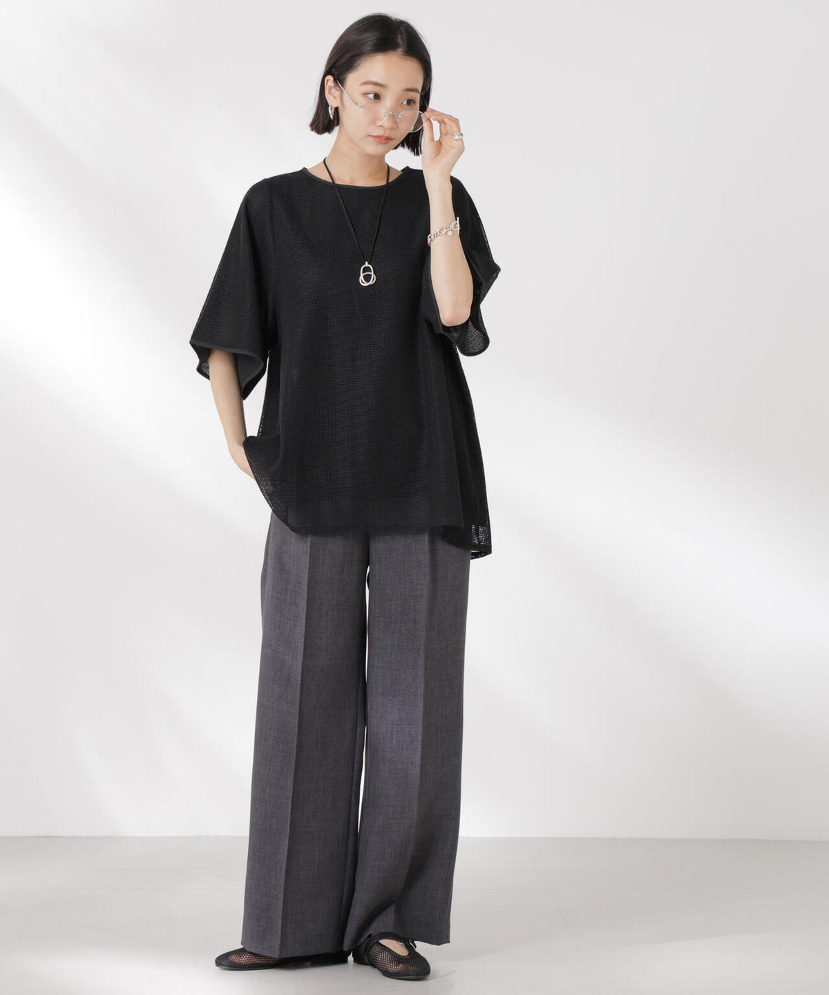 メッシュ×シフォンコンビチュニックトップス 6735124323