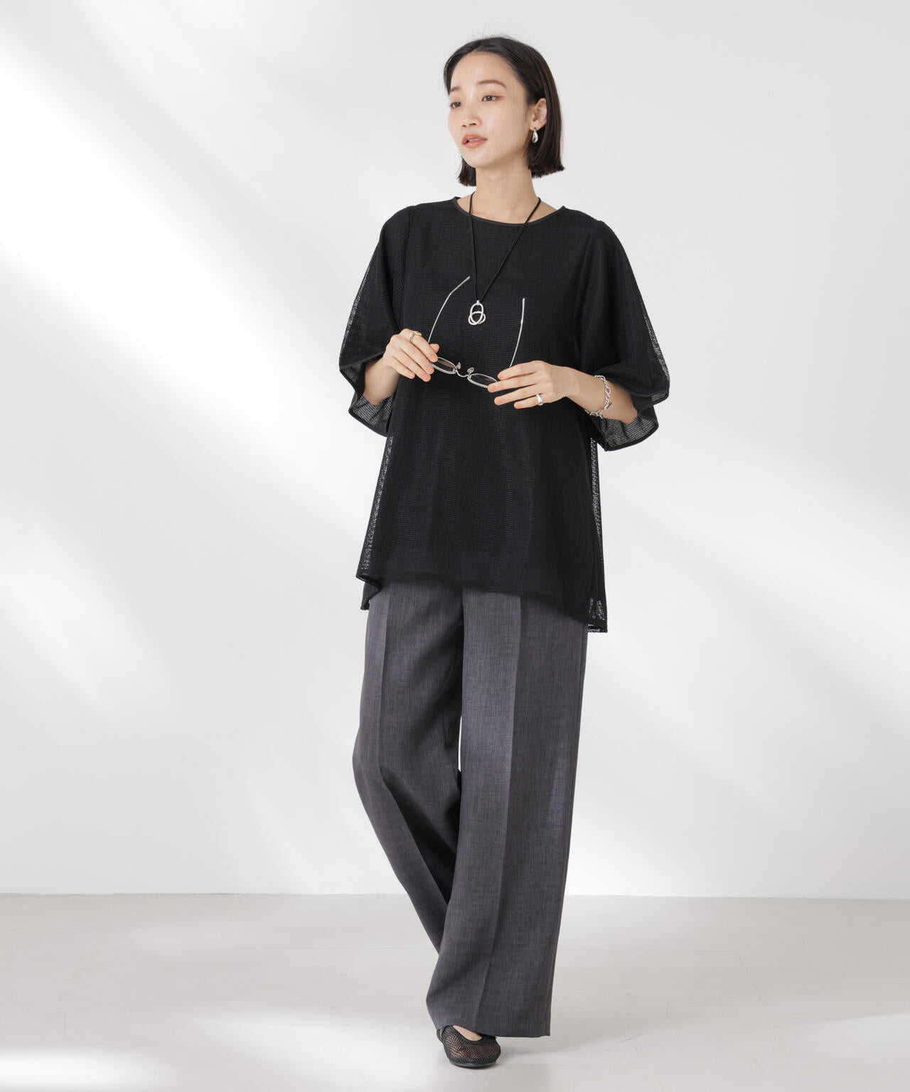 メッシュ×シフォンコンビチュニックトップス 6735124323
