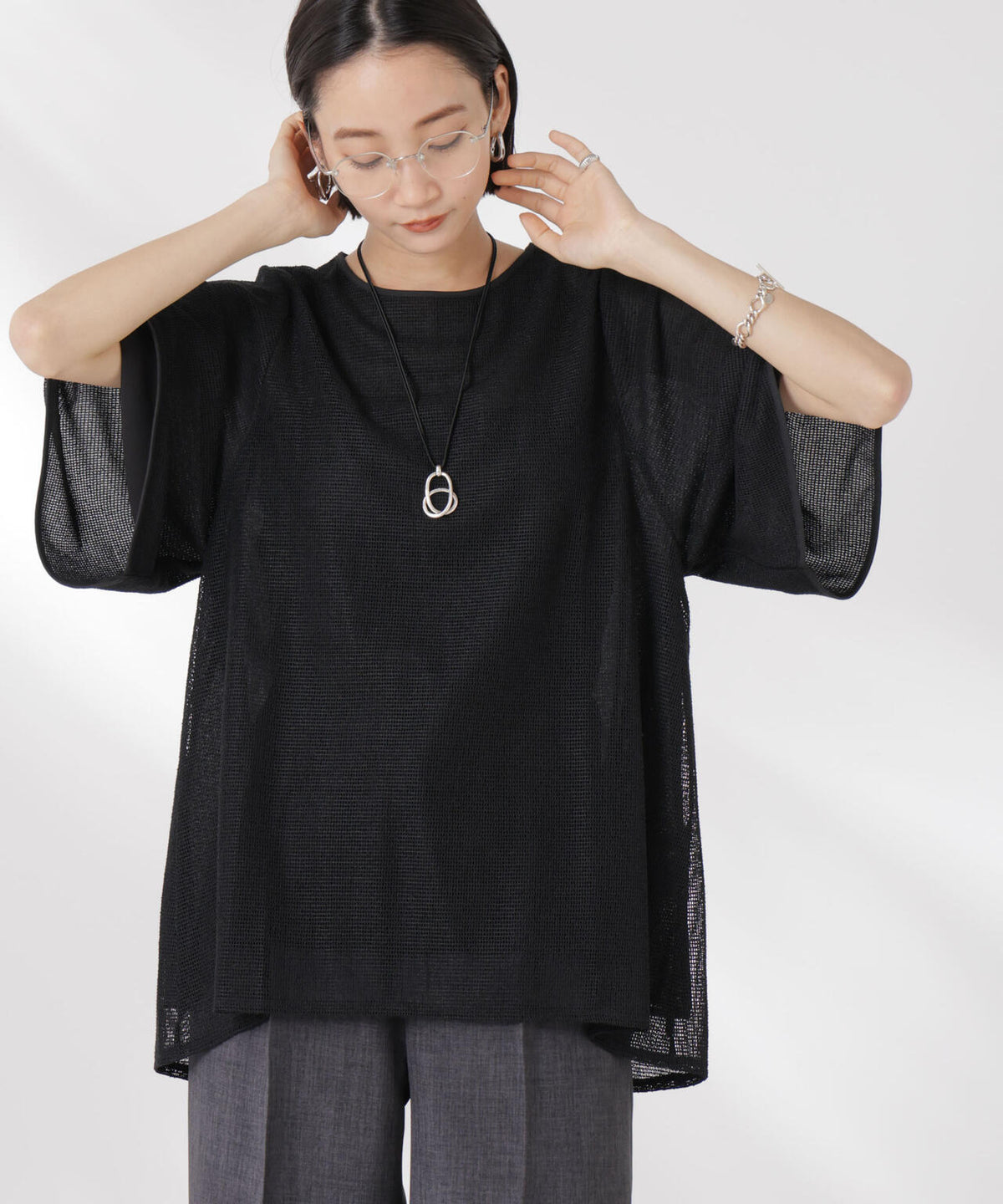 メッシュ×シフォンコンビチュニックトップス 6735124323