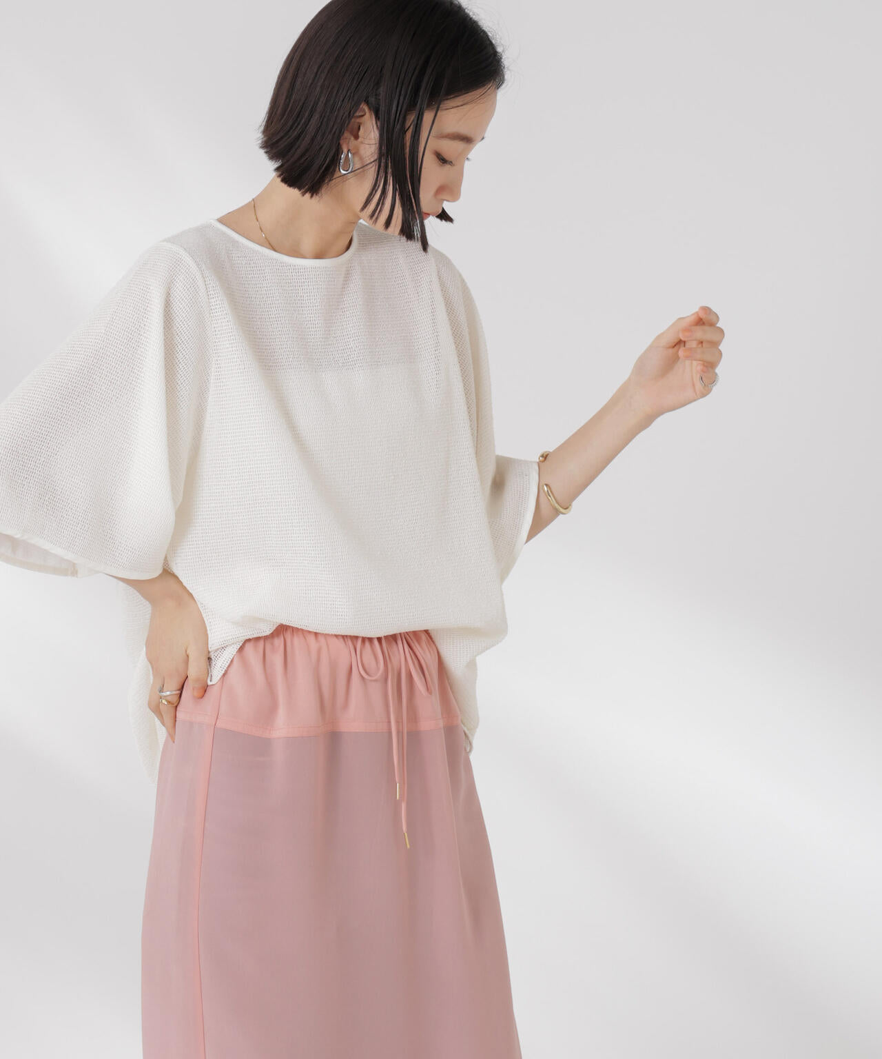 メッシュ×シフォンコンビチュニックトップス 6735124323