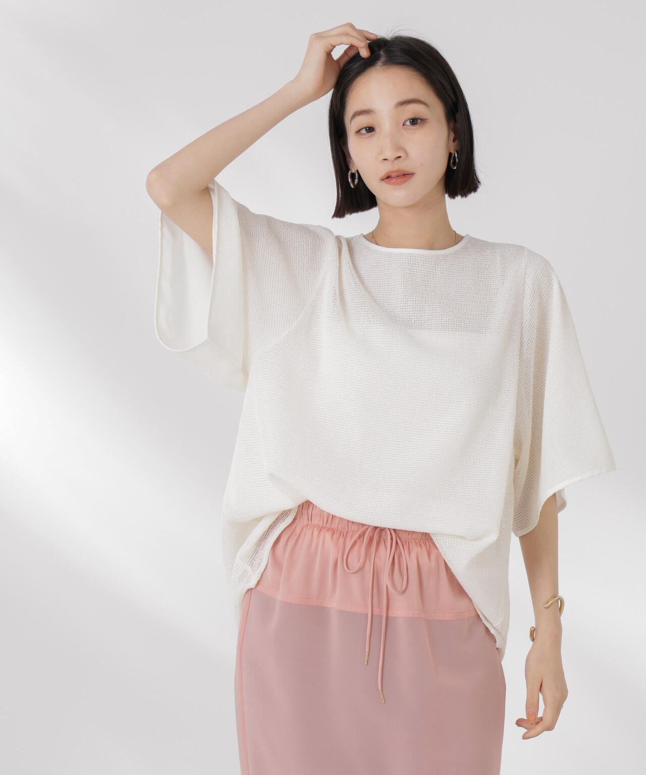 メッシュ×シフォンコンビチュニックトップス 6735124323