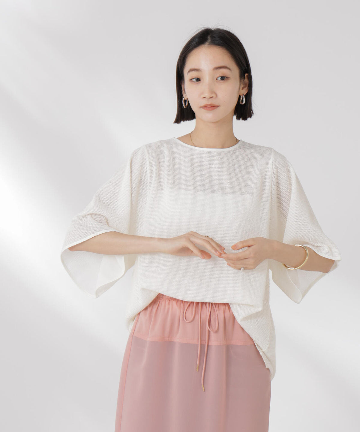 メッシュ×シフォンコンビチュニックトップス 6735124323