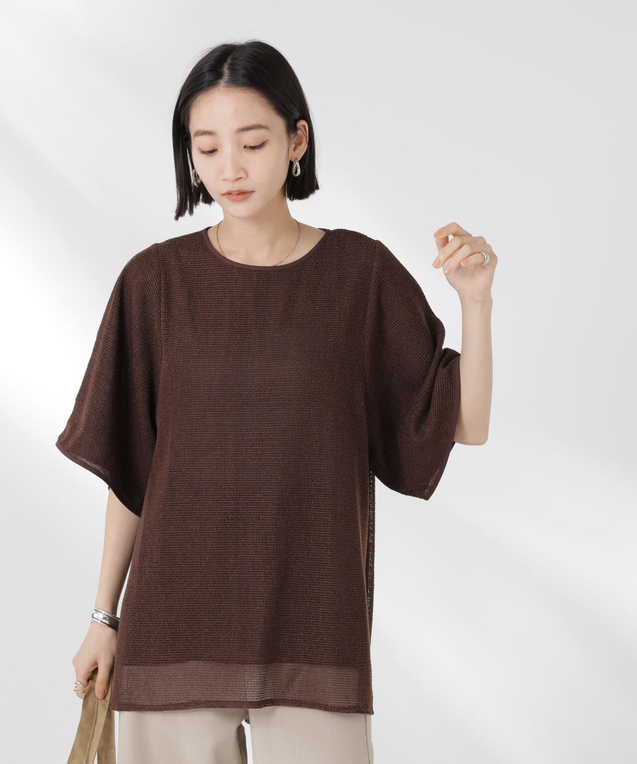 メッシュ×シフォンコンビチュニックトップス 6735124323