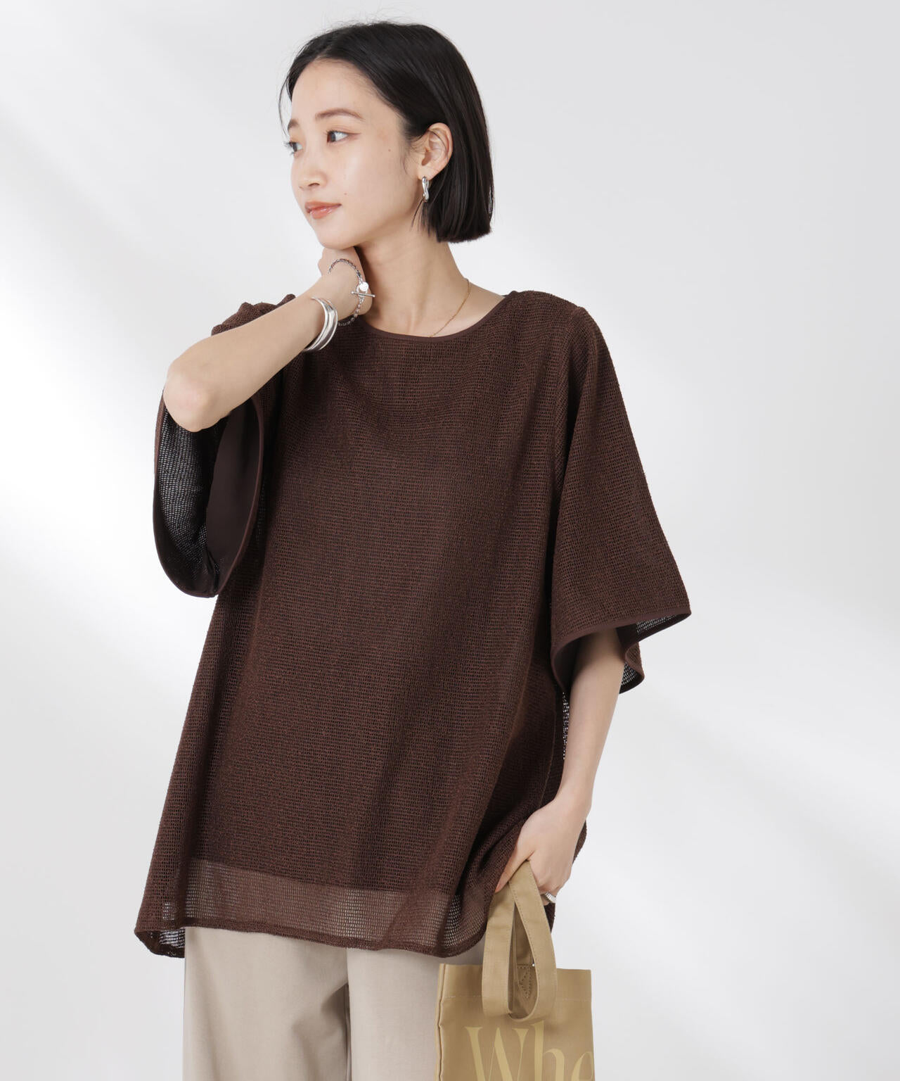 メッシュ×シフォンコンビチュニックトップス 6735124323