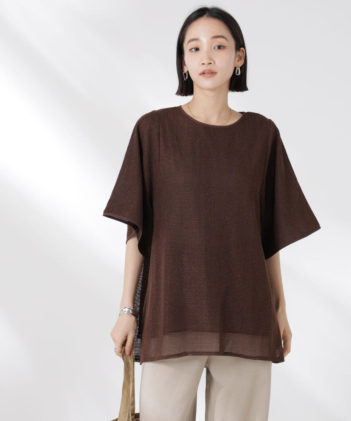 メッシュ×シフォンコンビチュニックトップス 6735124323