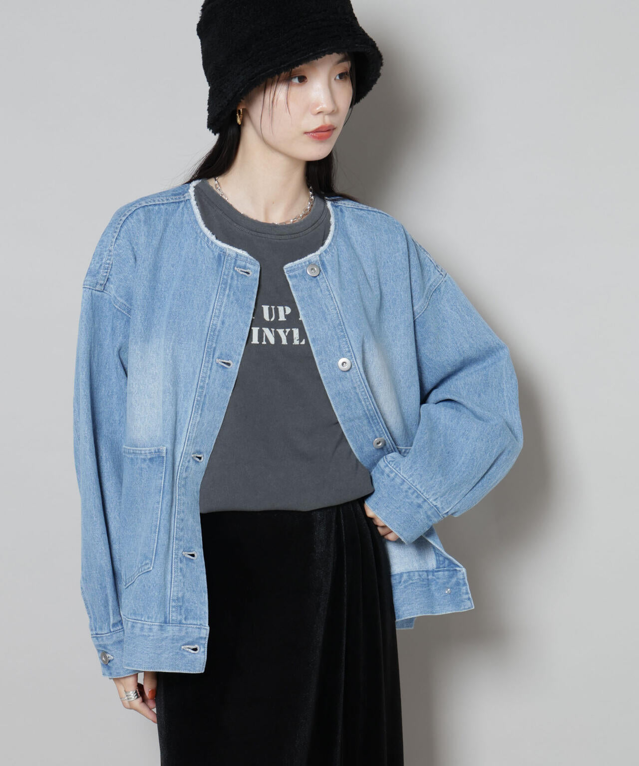 ノーカラーデニムジャケット 6735216305