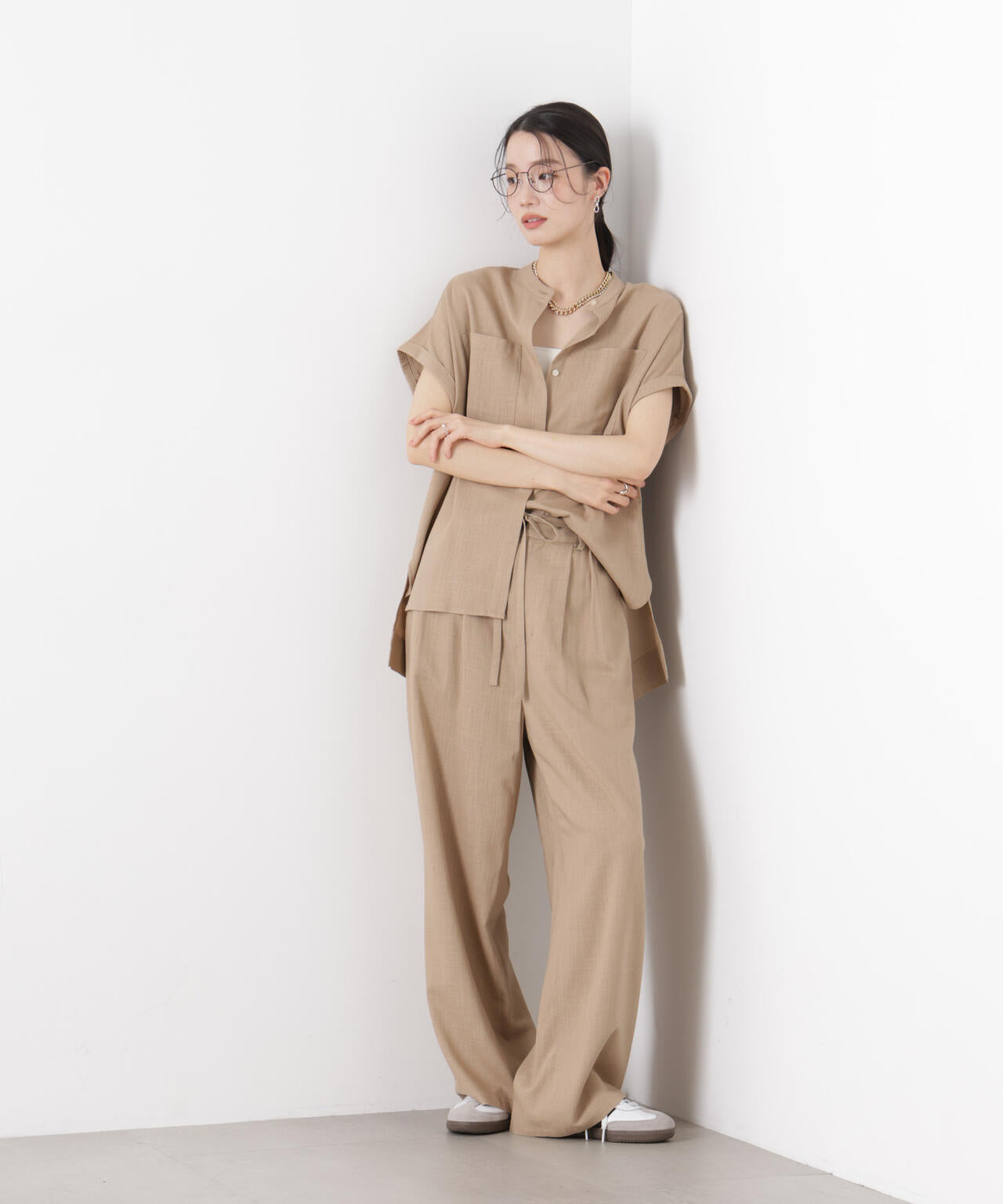 多機能リネン混スタンドカラードルマンフレンチスリーブシャツ(セットアップ可) 6736121304