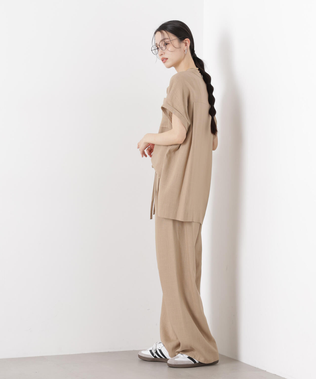 多機能リネン混スタンドカラードルマンフレンチスリーブシャツ(セットアップ可) 6736121304