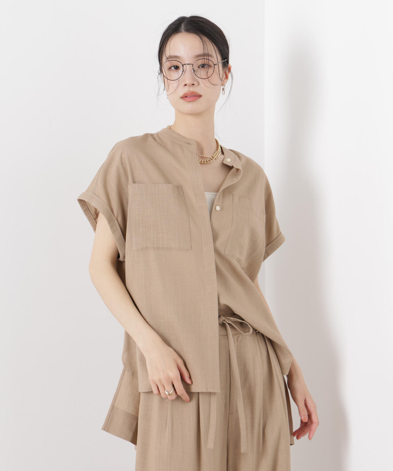 多機能リネン混スタンドカラードルマンフレンチスリーブシャツ(セットアップ可) 6736121304