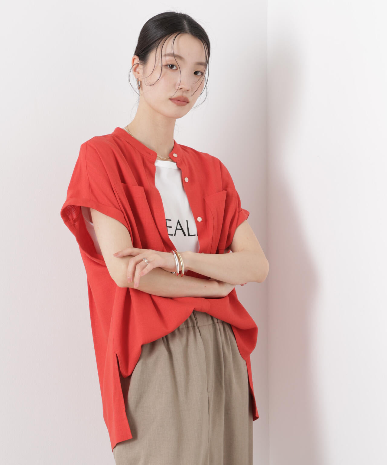 多機能リネン混スタンドカラードルマンフレンチスリーブシャツ(セットアップ可) 6736121304