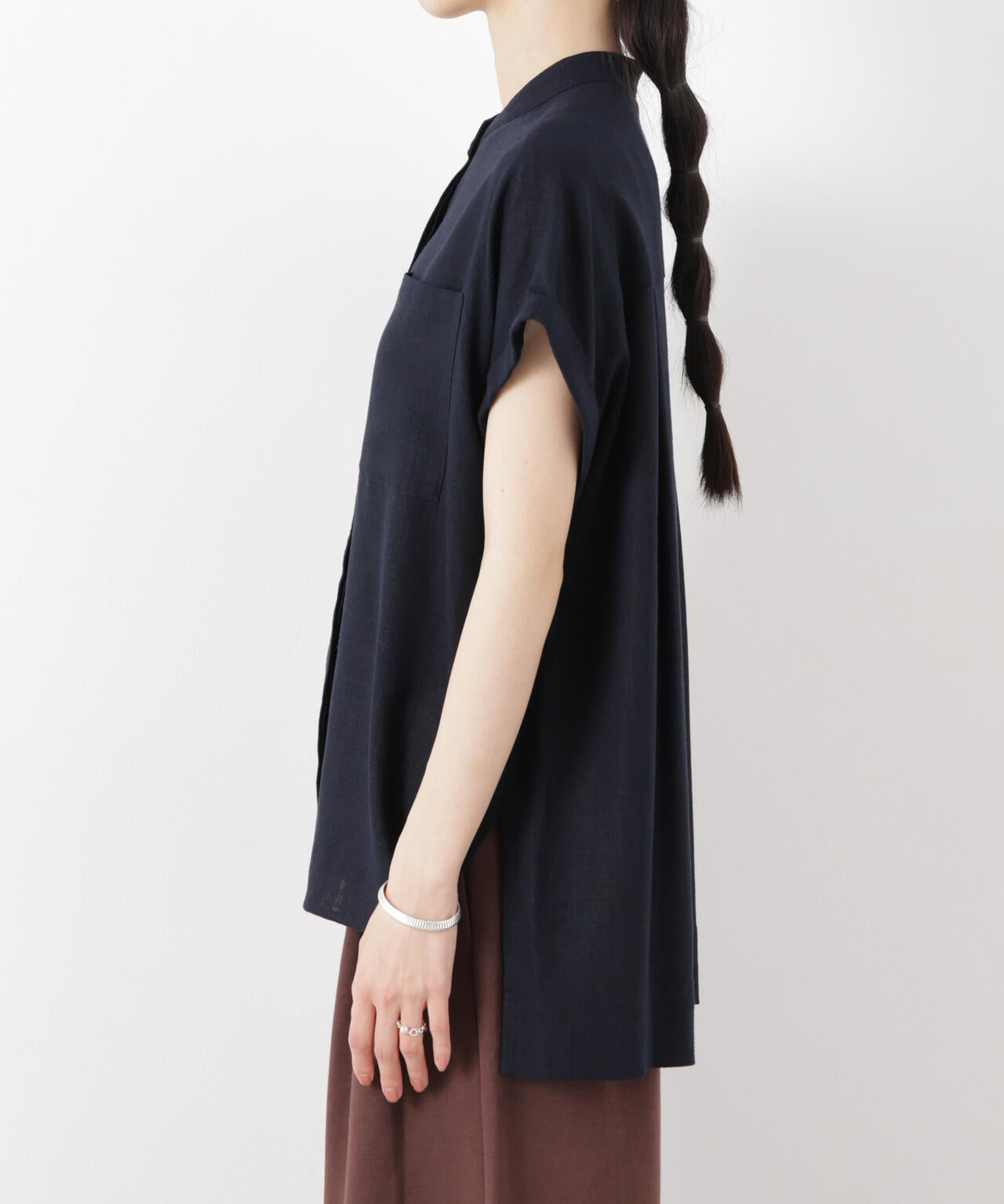 多機能リネン混スタンドカラードルマンフレンチスリーブシャツ(セットアップ可) 6736121304