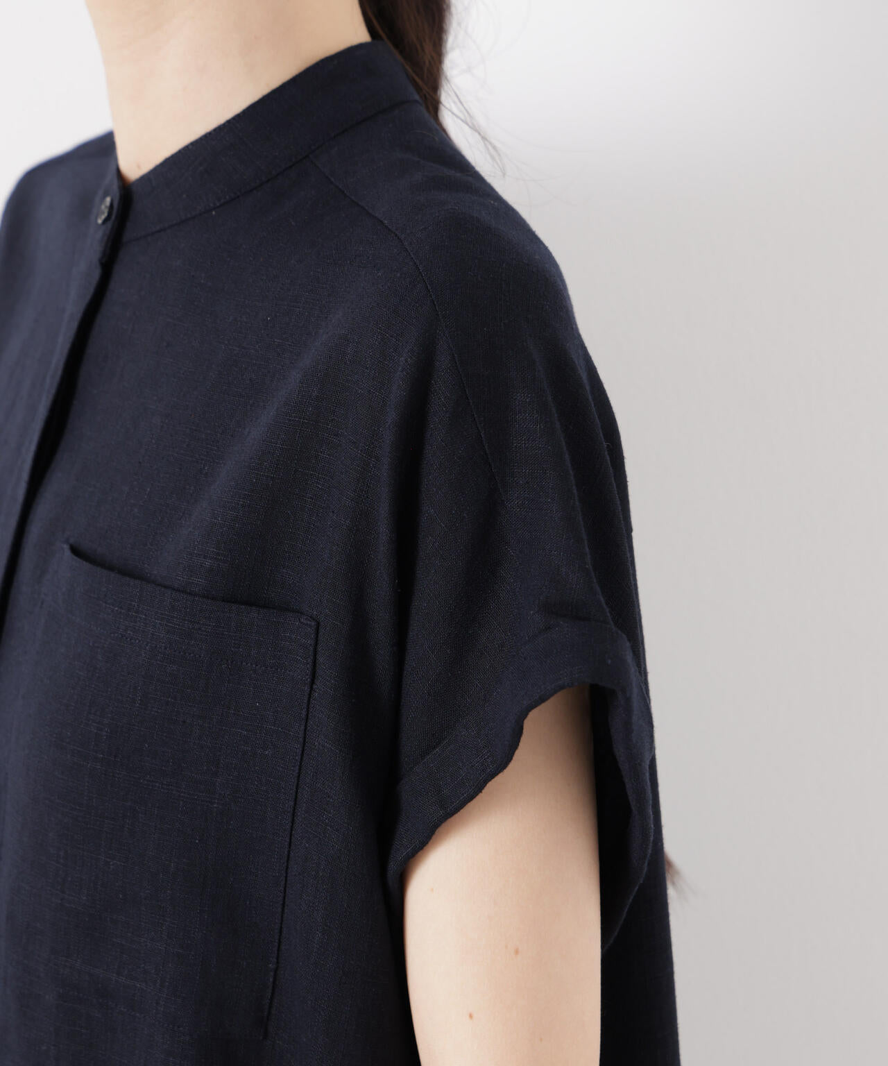 多機能リネン混スタンドカラードルマンフレンチスリーブシャツ(セットアップ可) 6736121304