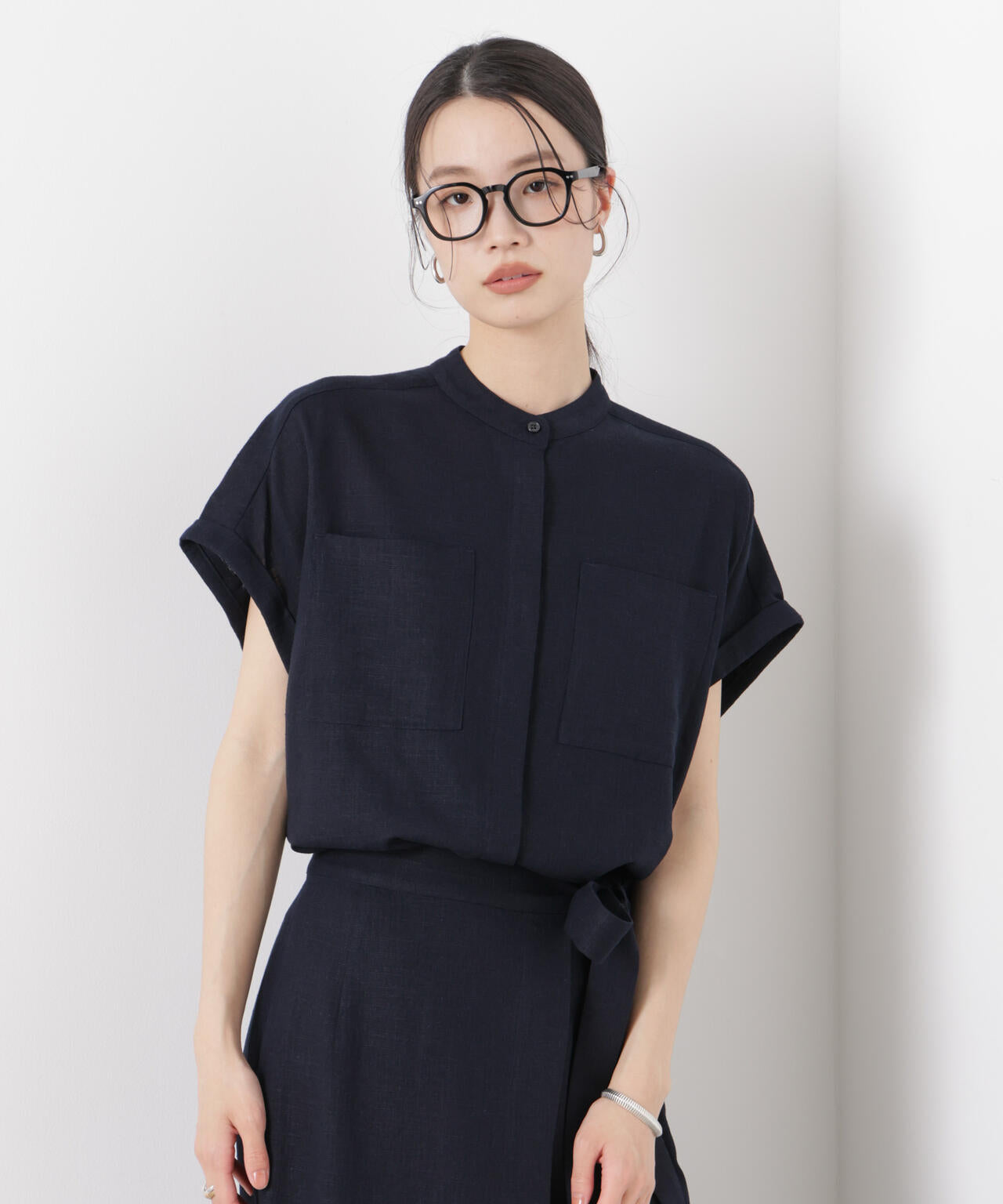 多機能リネン混スタンドカラードルマンフレンチスリーブシャツ(セットアップ可) 6736121304