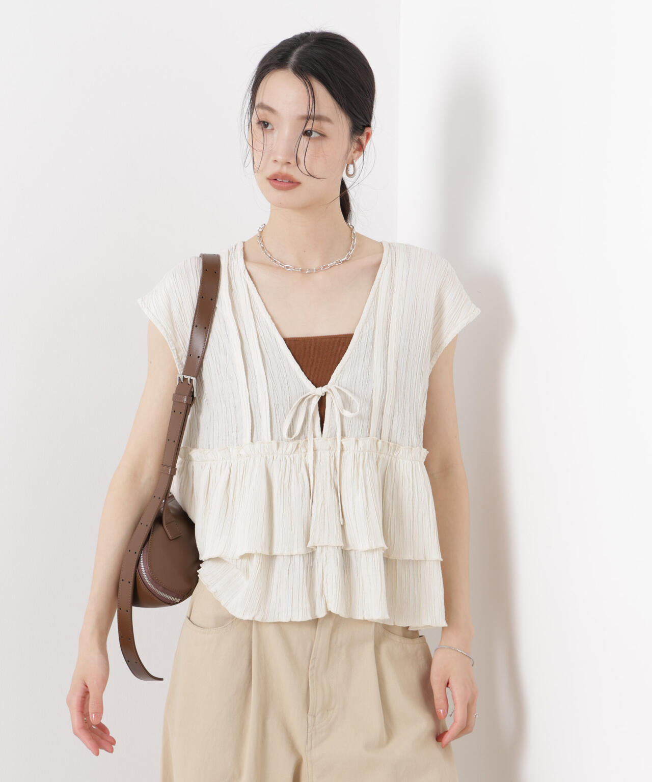 シャーリング楊柳ティアードフリルブラウス 6736121313