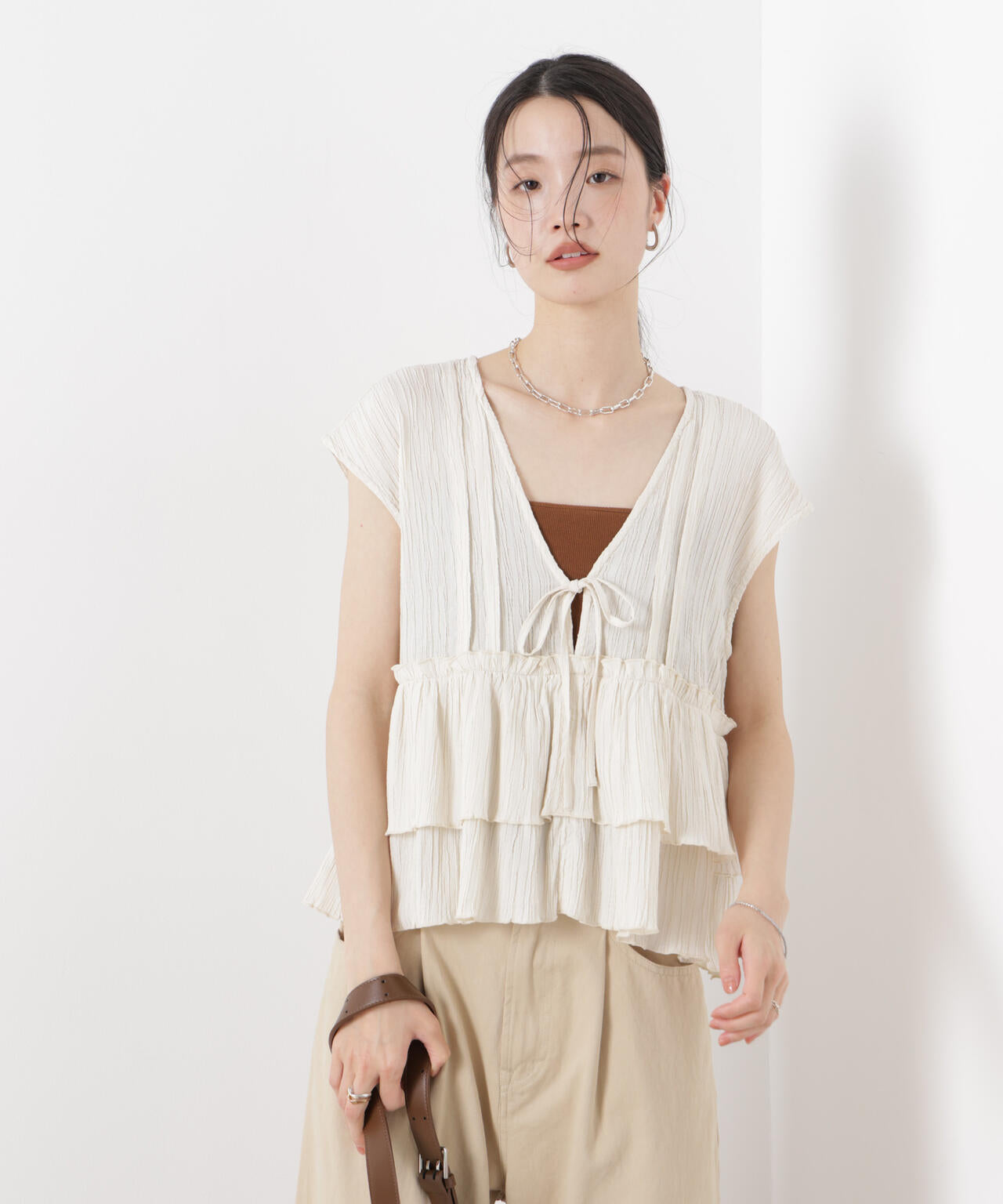 シャーリング楊柳ティアードフリルブラウス 6736121313