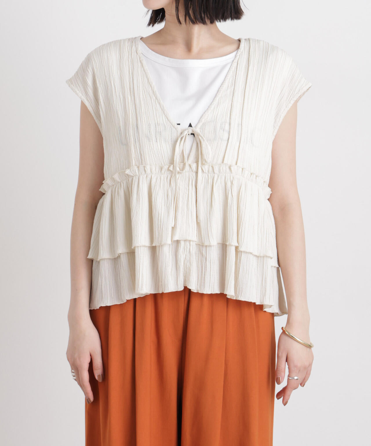 シャーリング楊柳ティアードフリルブラウス 6736121313