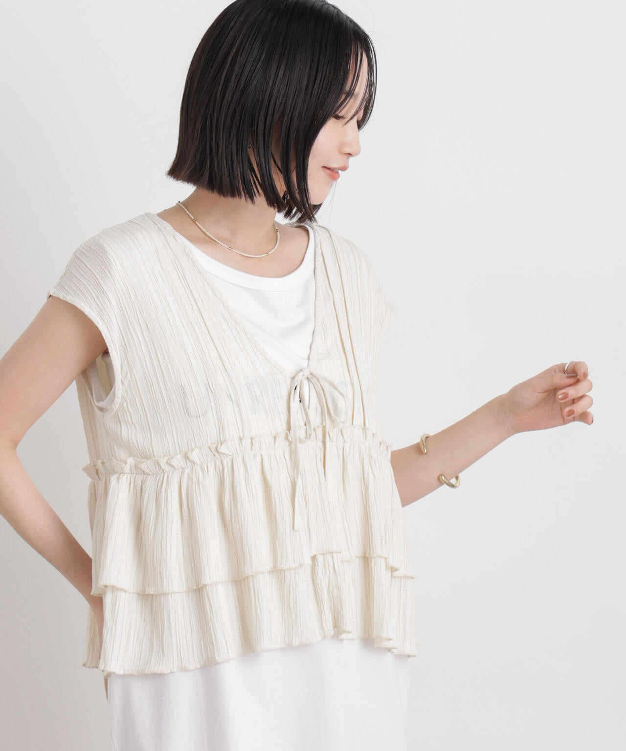 シャーリング楊柳ティアードフリルブラウス 6736121313