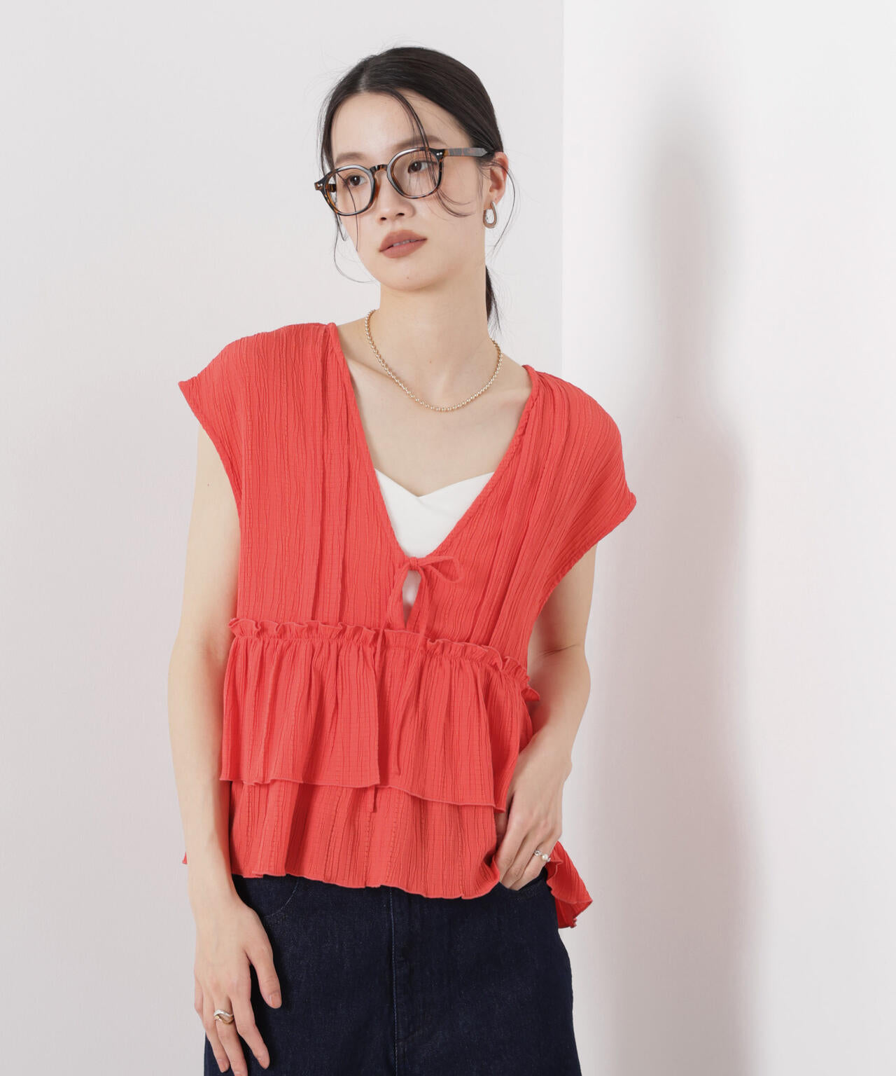 シャーリング楊柳ティアードフリルブラウス 6736121313