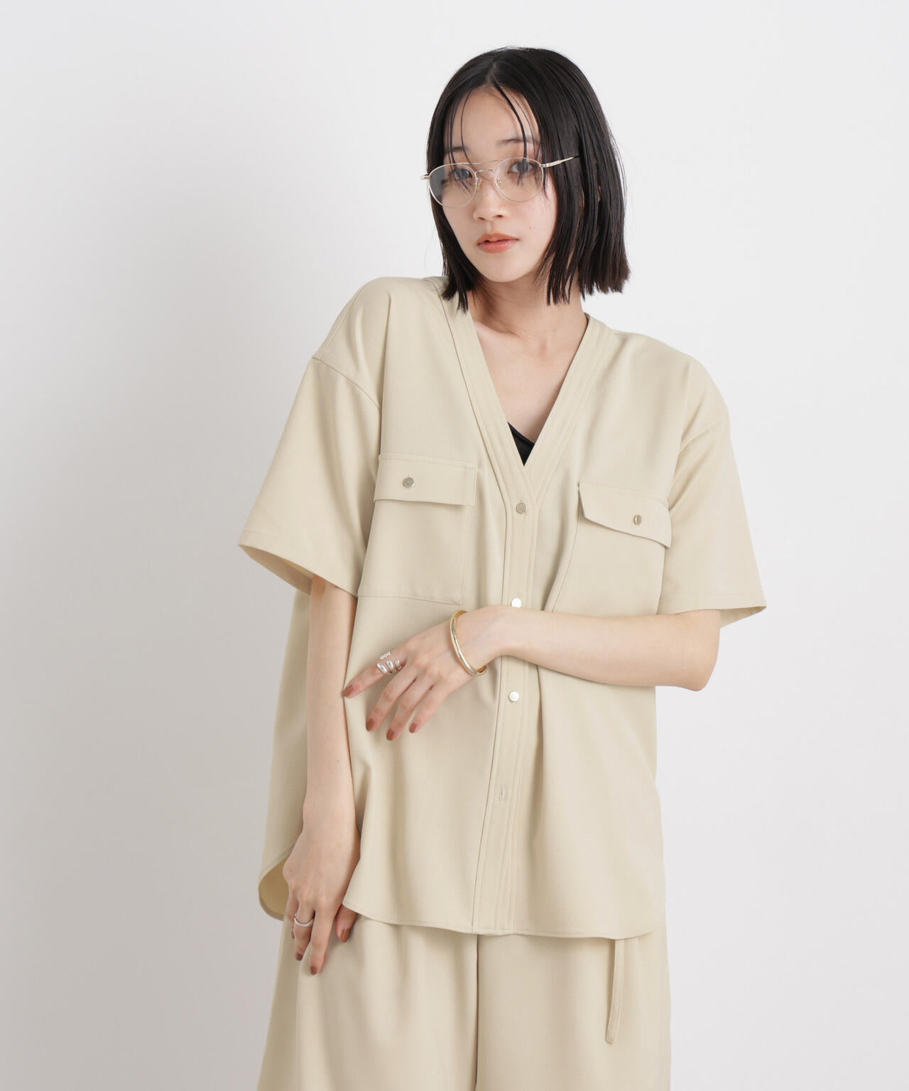 メランジストレッチポケットVネックブラウス(セットアップ可) 6736121316